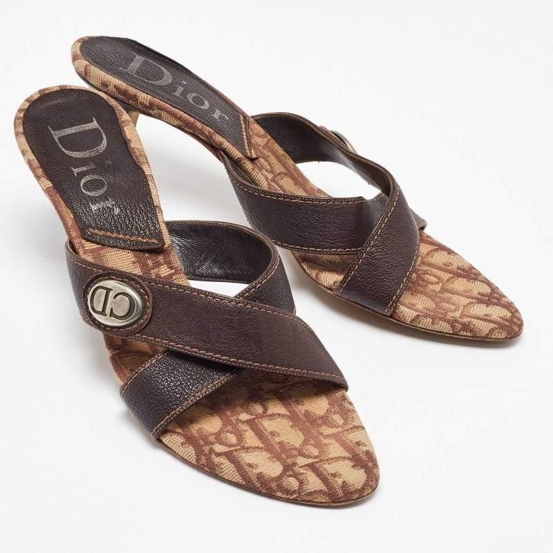 Women's Dior Brown Canvas and Leather Slide Sandals 40.5