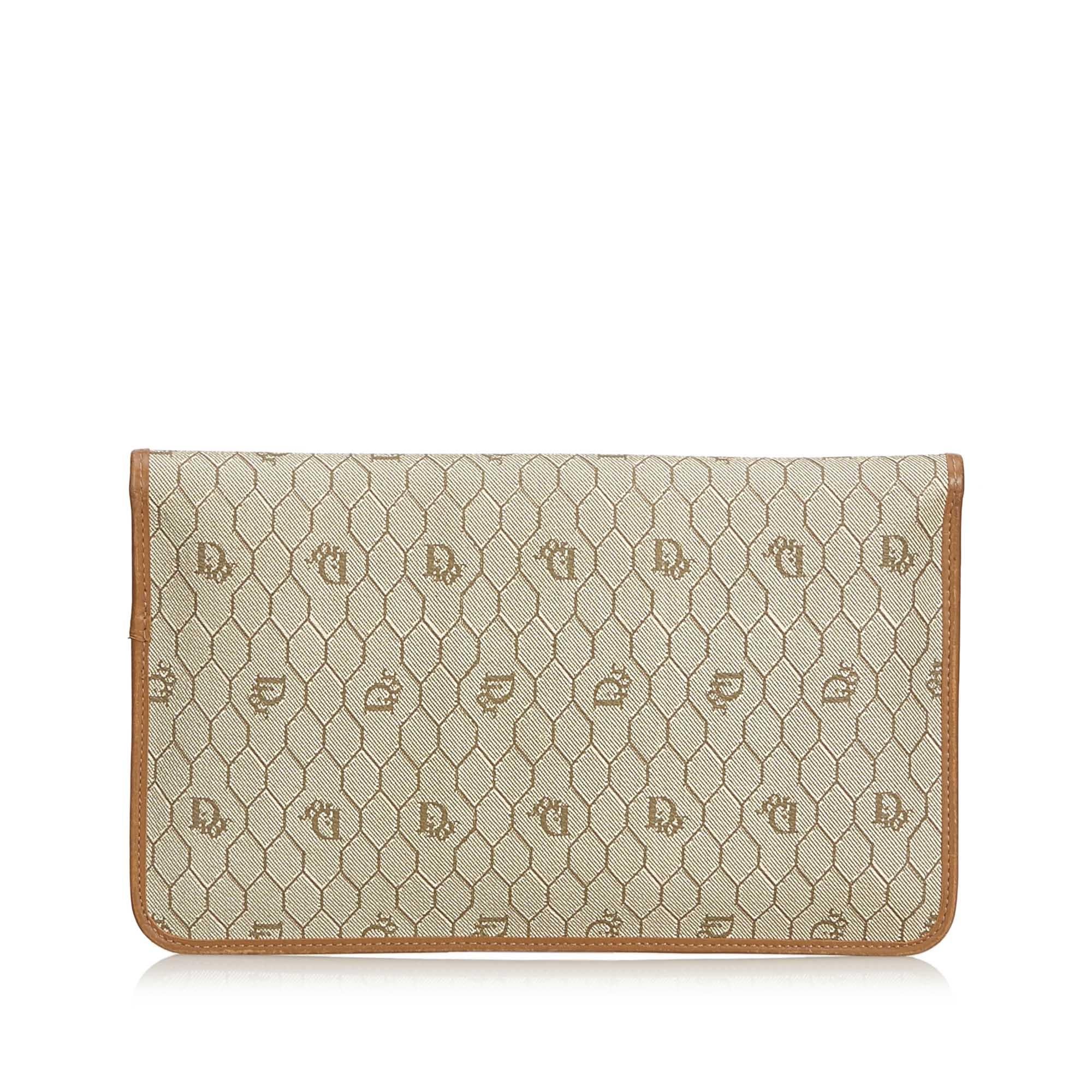Beige Dior Brown Honeycomb Coated Canvas Clutch Bag