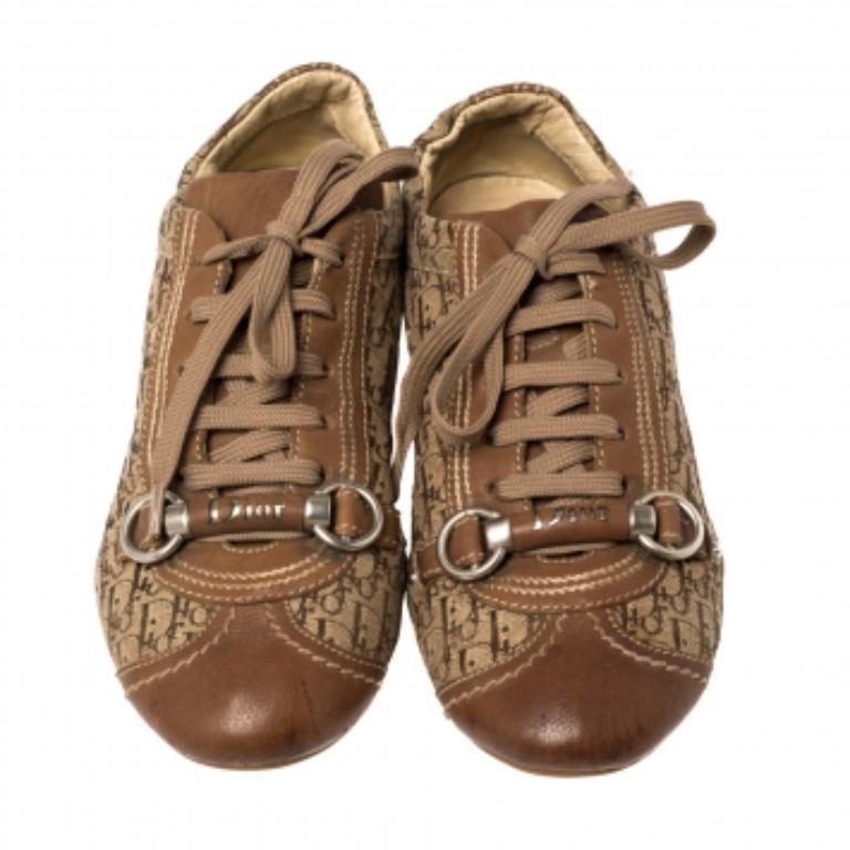 Women's Dior Brown Leather and Diorissimo Canvas Low Top Sneakers Size 37 For Sale