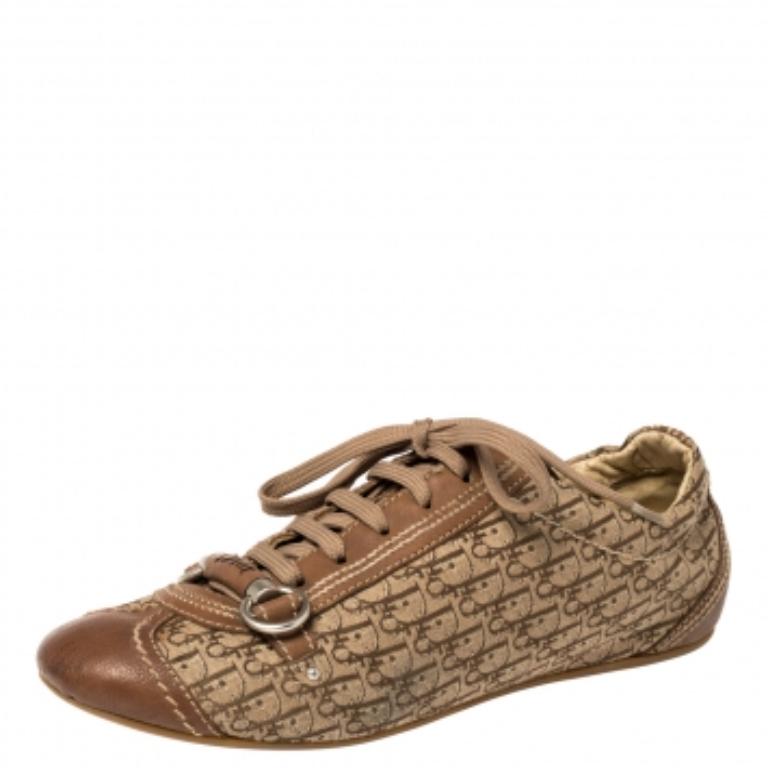 Dior Brown Leather and Diorissimo Canvas Low Top Sneakers Size 37 For Sale 1