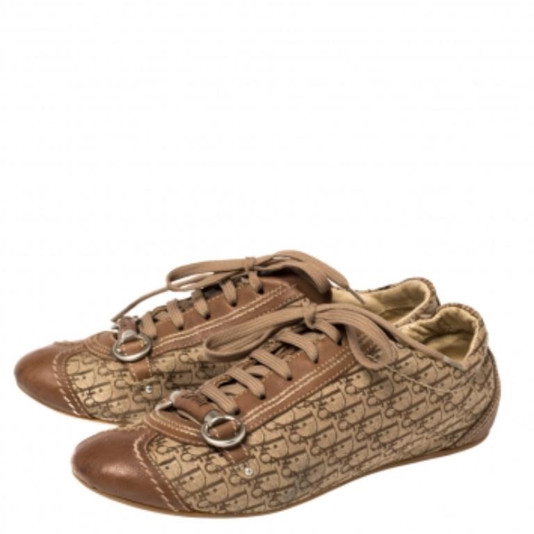 Dior Brown Leather and Diorissimo Canvas Low Top Sneakers Size 37 For Sale 2