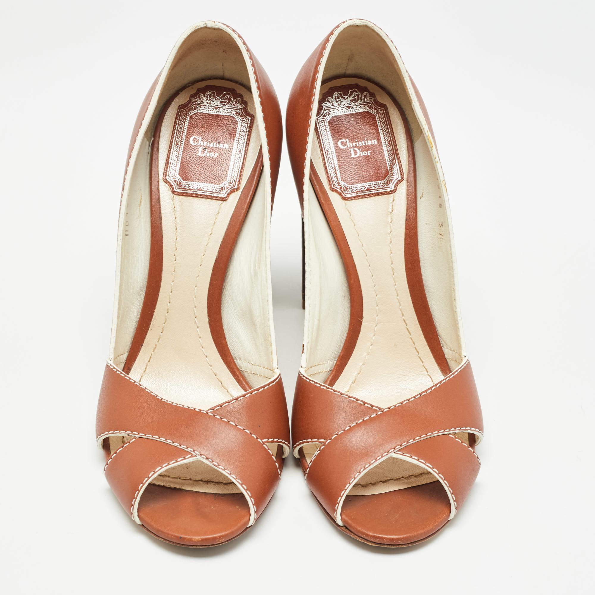 Marron Dior Brown Leather Cannage Heel Peep Toe Pumps Size 37