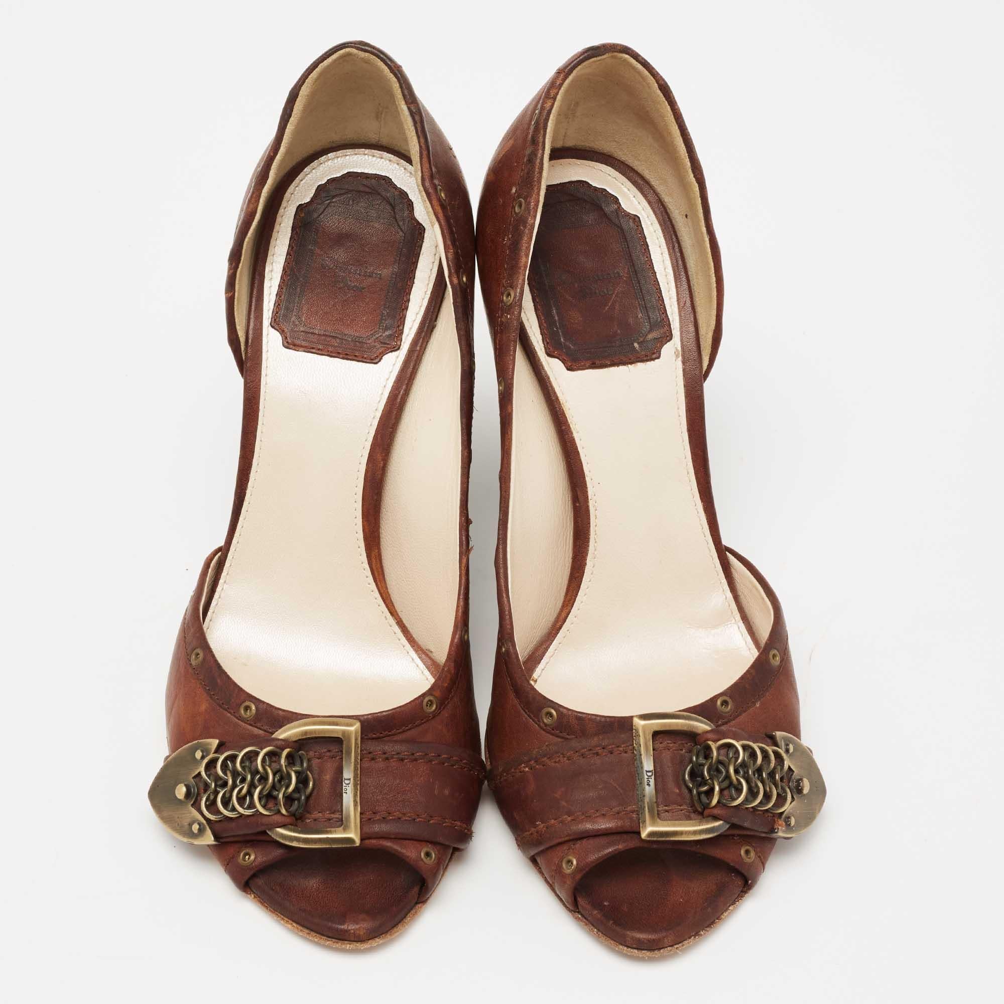 Black Dior Brown Leather Diorissimo Chain Detail Peep-Toe Wedge Pumps Size 37