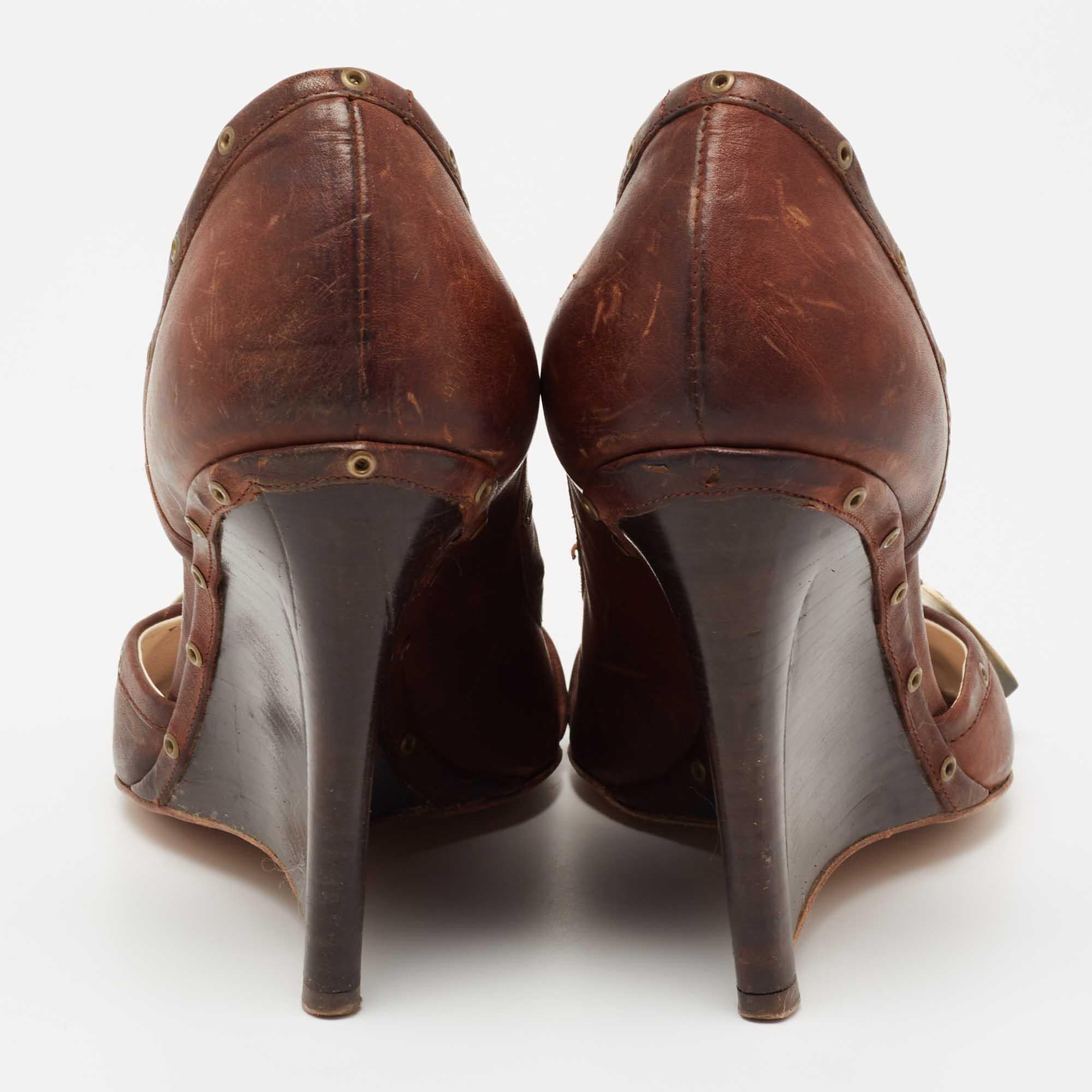 Women's Dior Brown Leather Diorissimo Chain Detail Peep-Toe Wedge Pumps Size 37