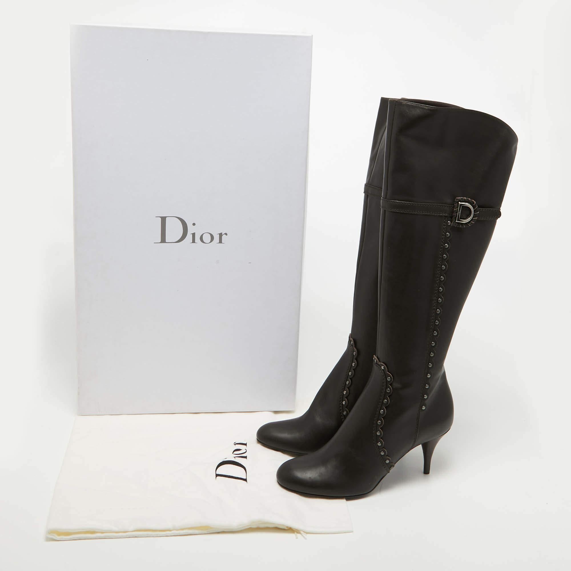 Dior Brown Leather Embellished Knee Length Boots Size 39.5 1