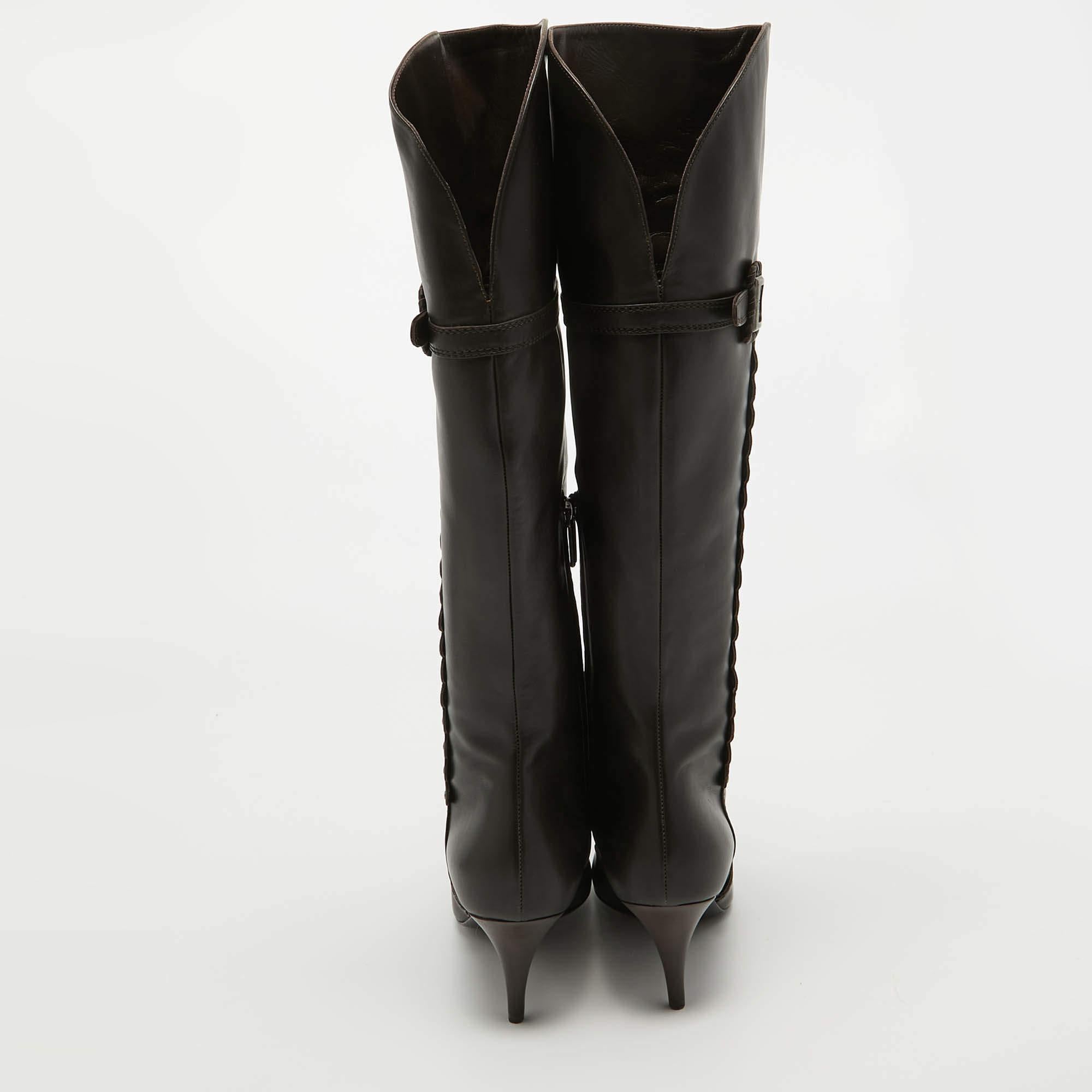 Dior Brown Leather Embellished Knee Length Boots Size 39.5 2