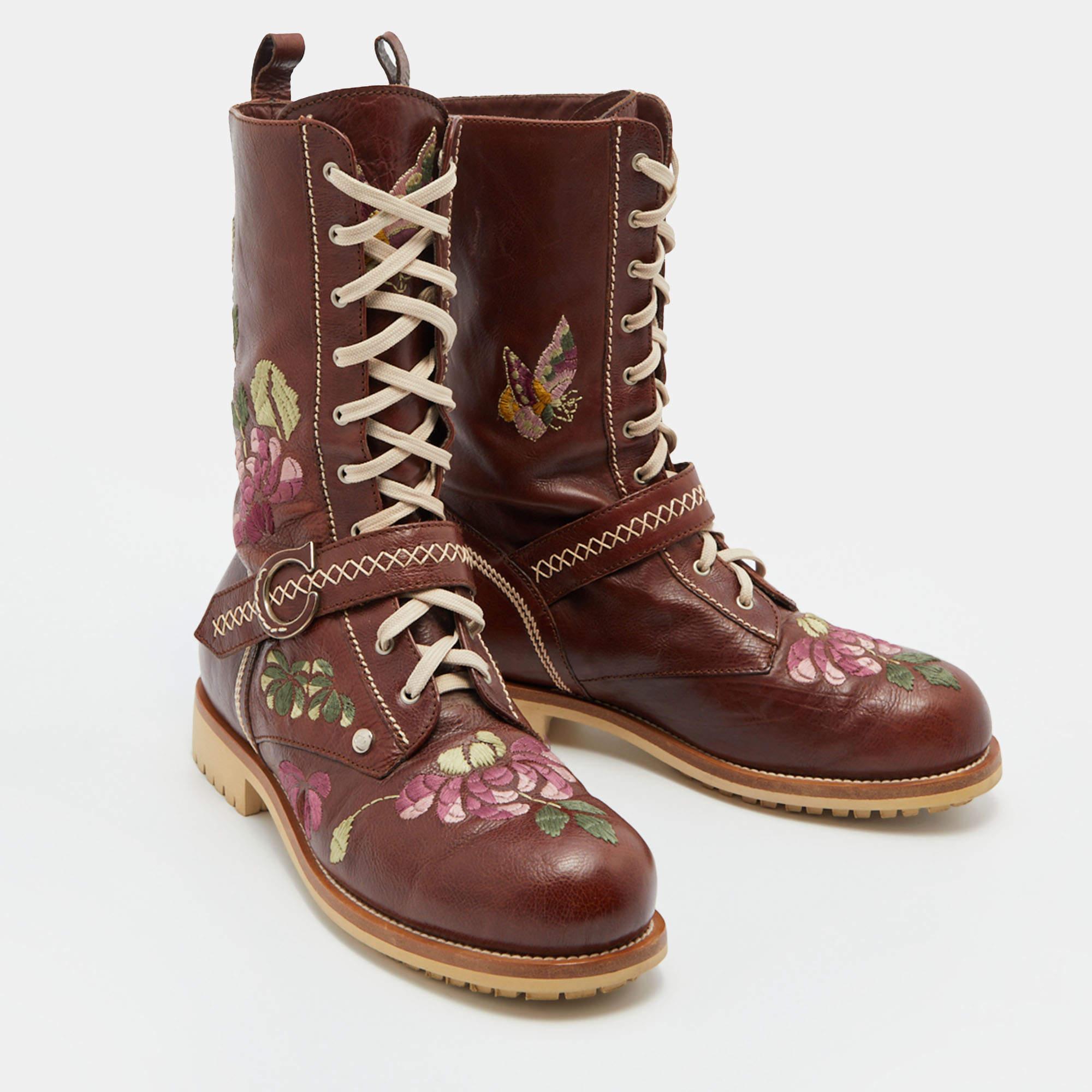 Women's Dior Brown Leather Floral and Butterfly Embroidered Combat Boots Size 39