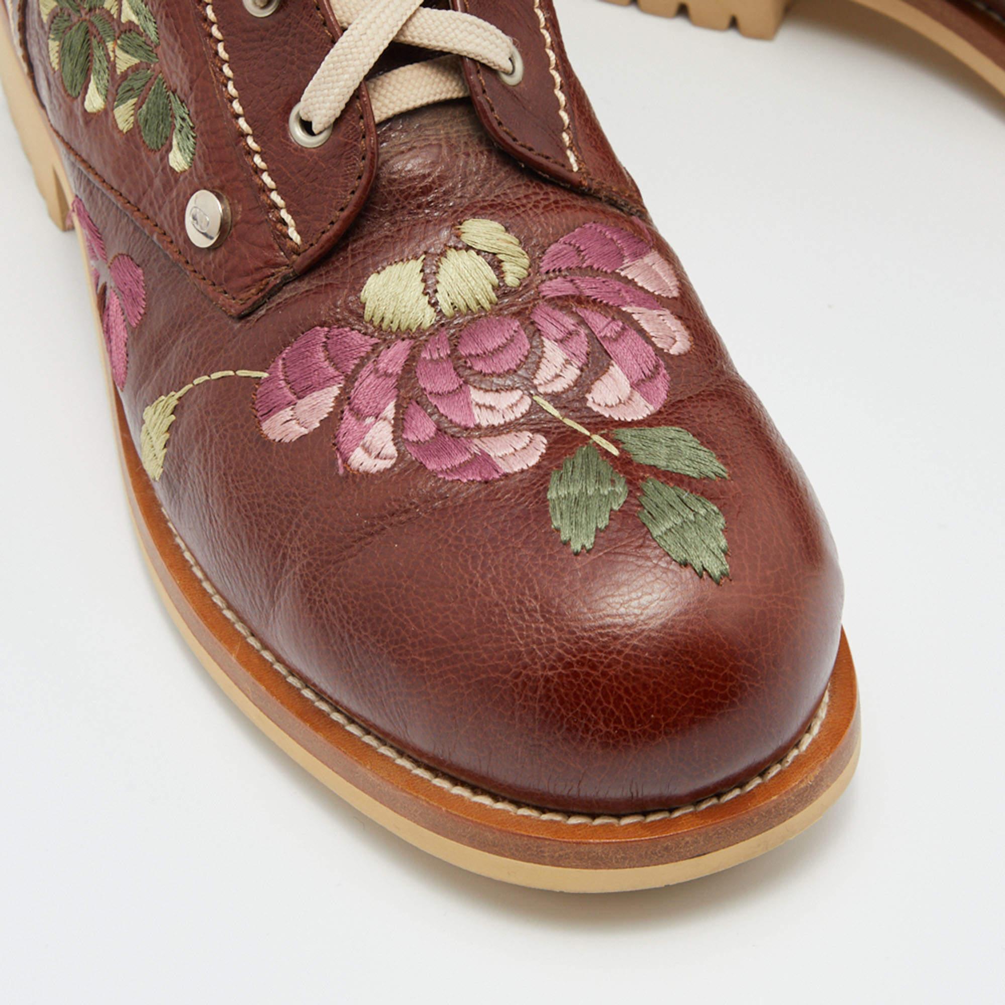 Dior Brown Leather Floral and Butterfly Embroidered Combat Boots Size 39 1