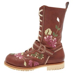 Dior Brown Leather Floral and Butterfly Embroidered Combat Boots Size 39