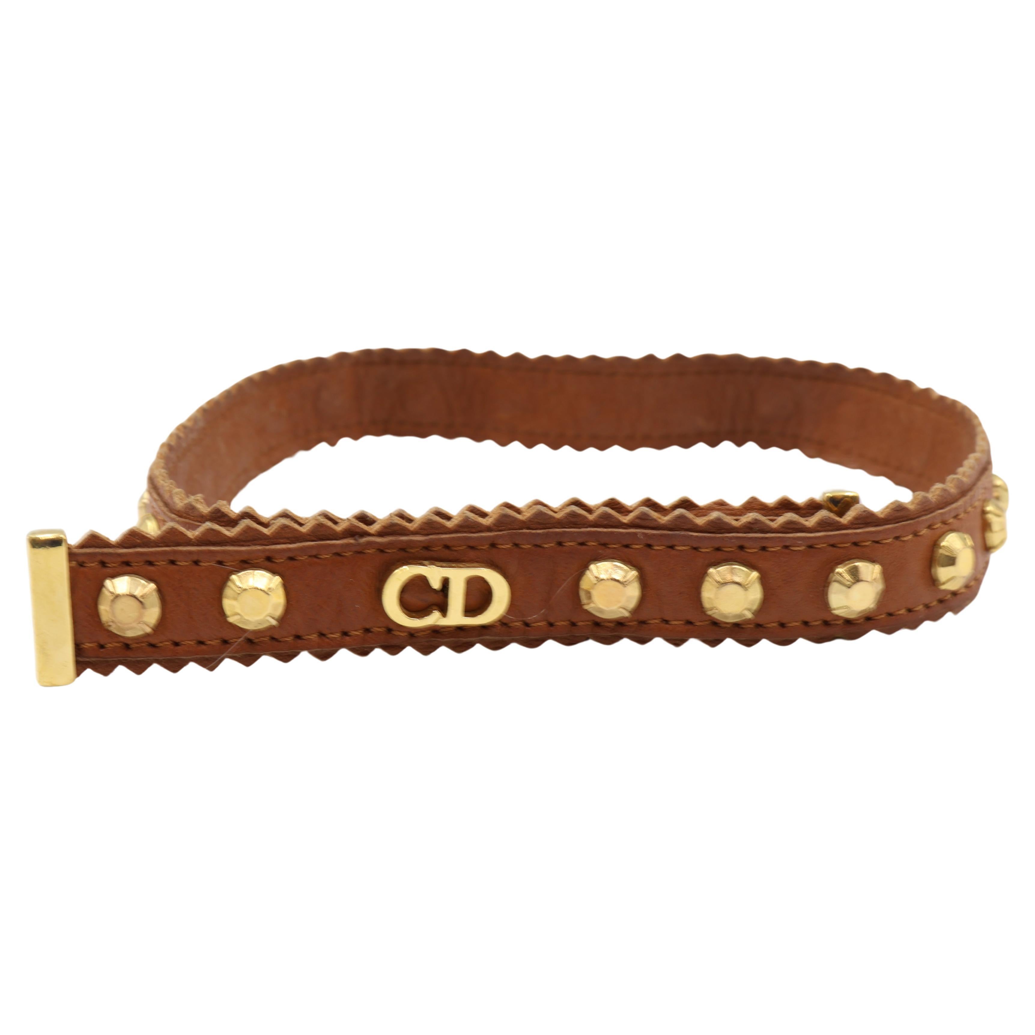 Dior Brown Leather Gold Toned Studded Adjustable Choker