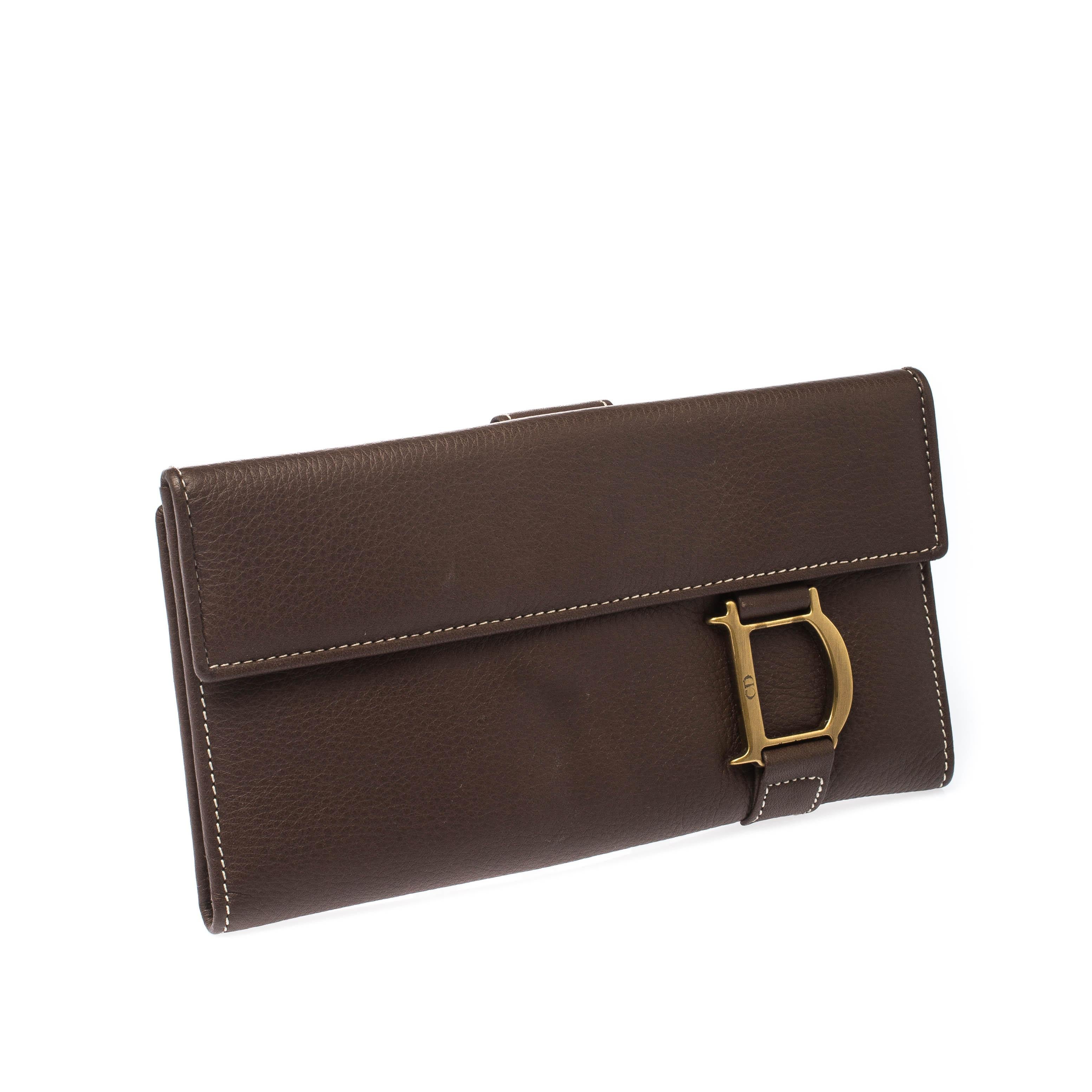 Black Dior Brown Leather Long Flap Wallet