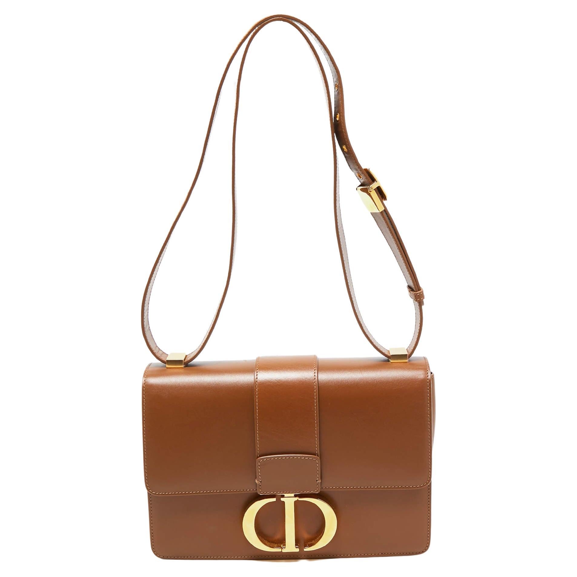 Dior Brown Leather Montaigne 30 Flap Shoulder Bag For Sale