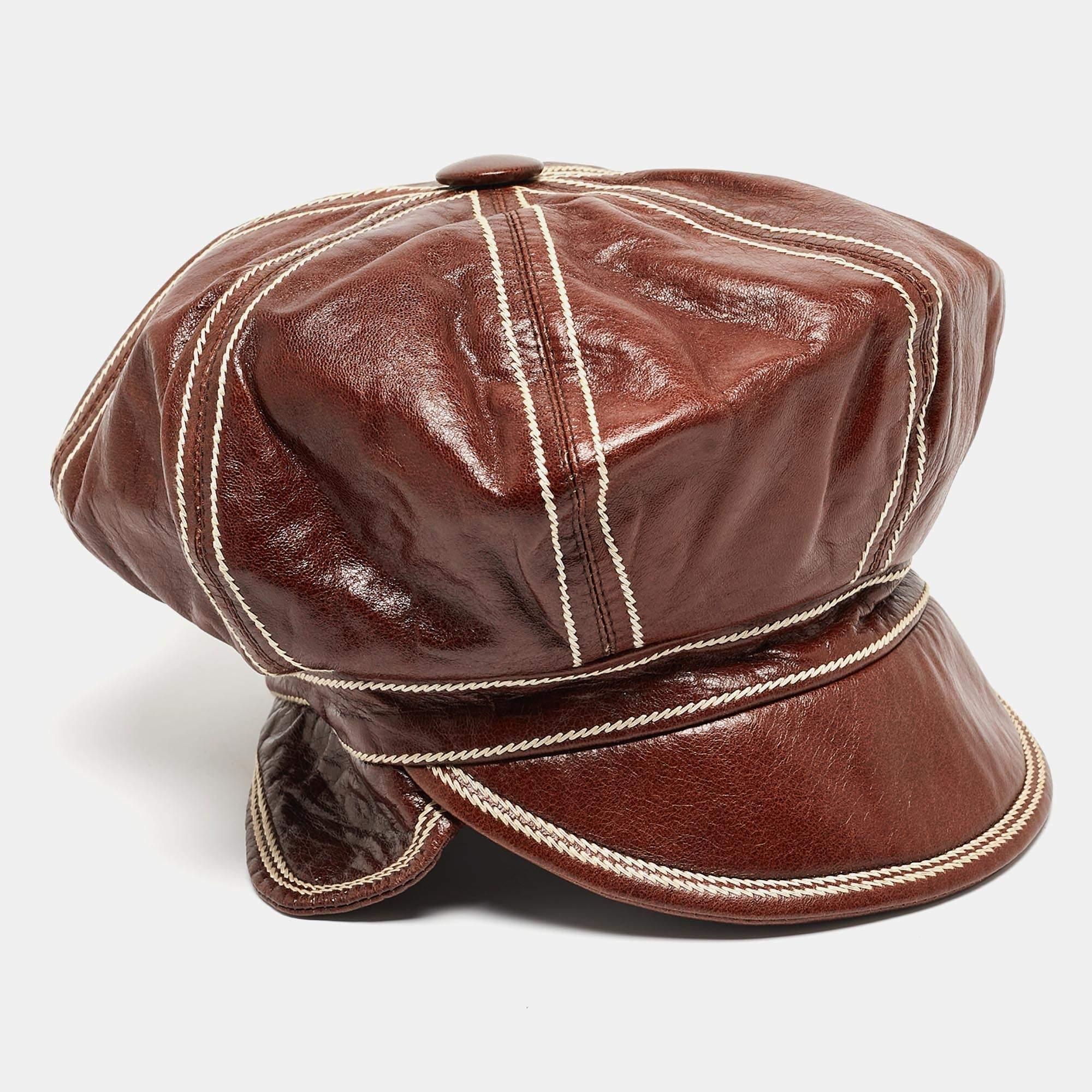 Dior Brown Leather Newsboy Cap For Sale 1