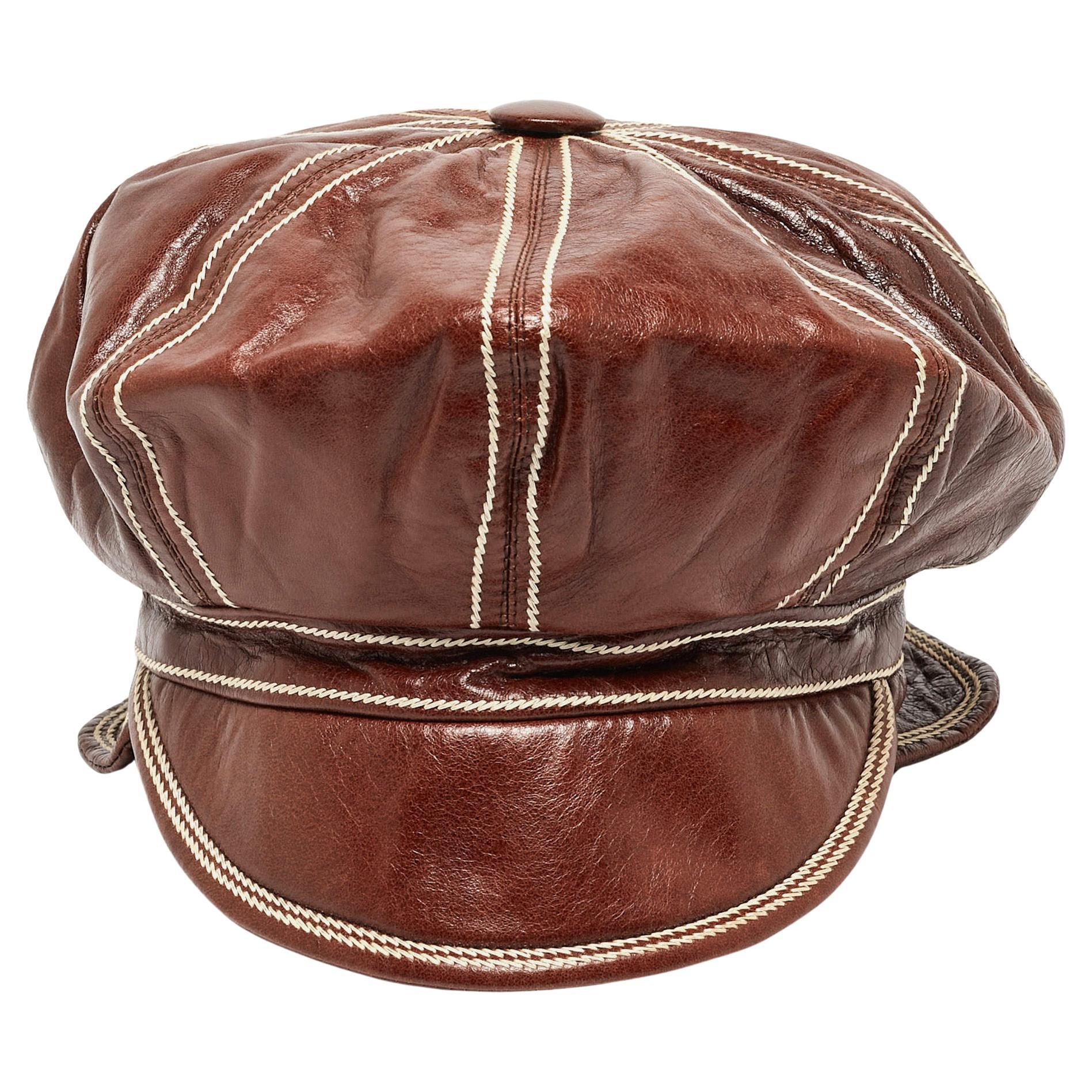 Dior Brown Leather Newsboy Cap For Sale