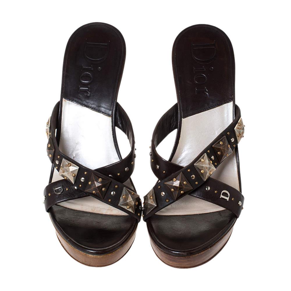 Black Dior Brown Leather Studded Cross Strap Platform Sandals Size 38