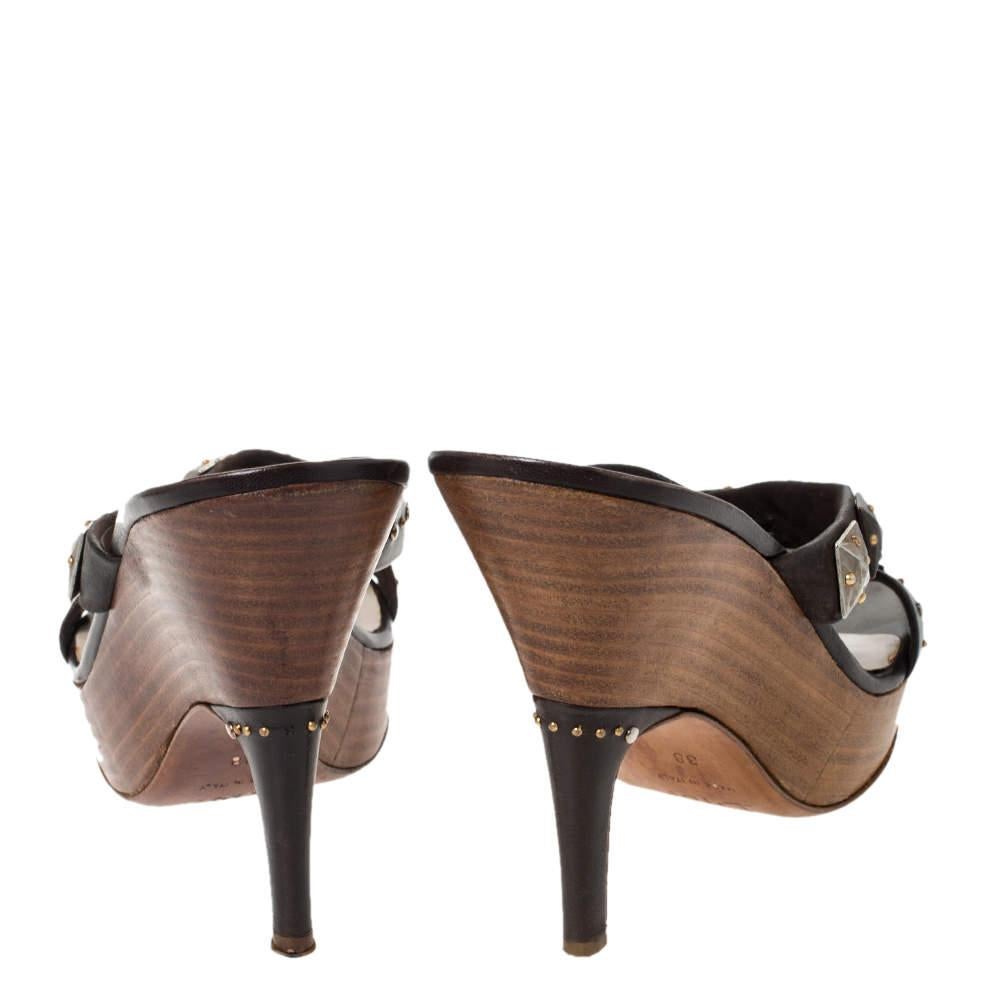 Women's Dior Brown Leather Studded Cross Strap Platform Sandals Size 38