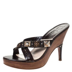 Used Dior Brown Leather Studded Cross Strap Platform Sandals Size 38