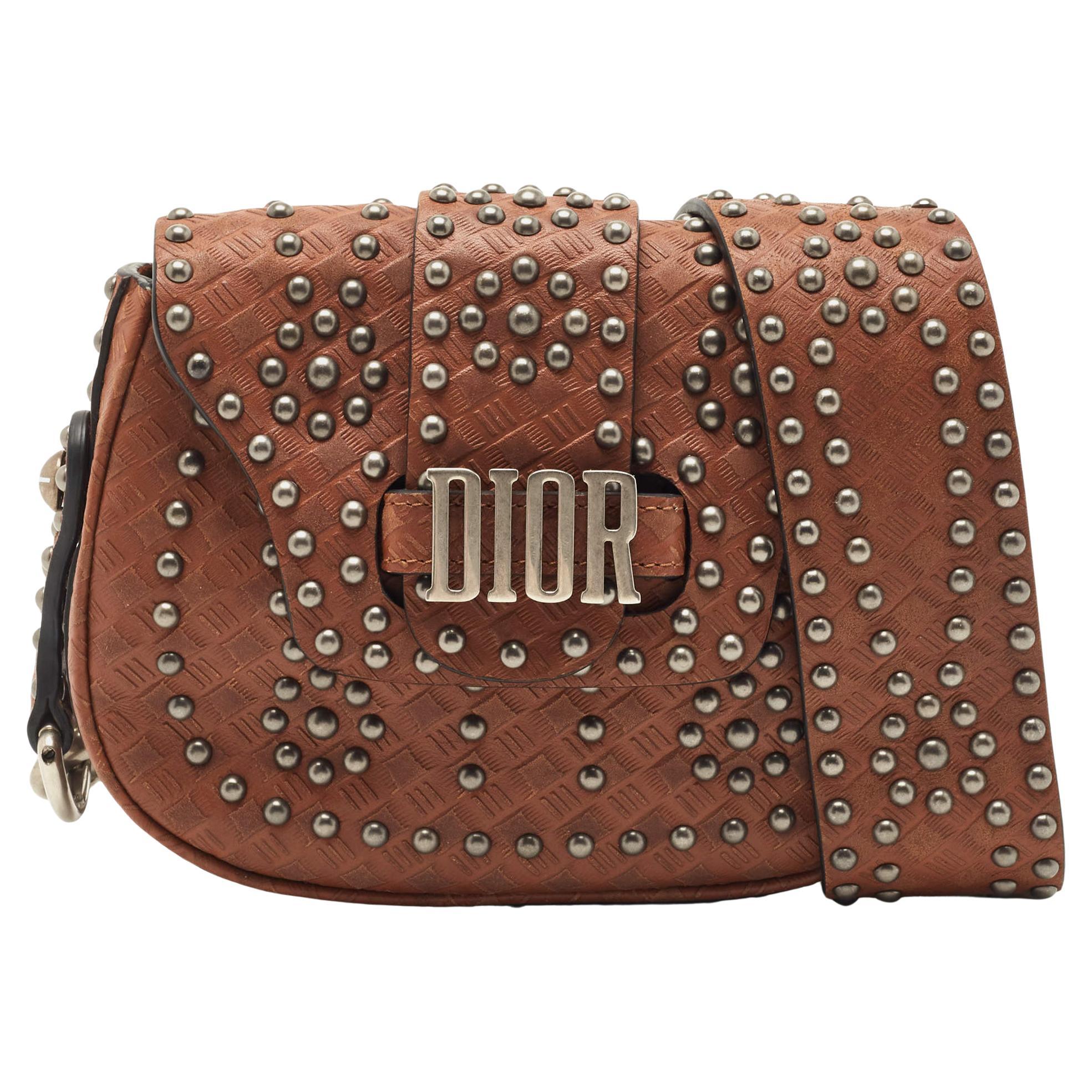 Dior Brown Leather Studded D-Fence Chain Crossbody Bag