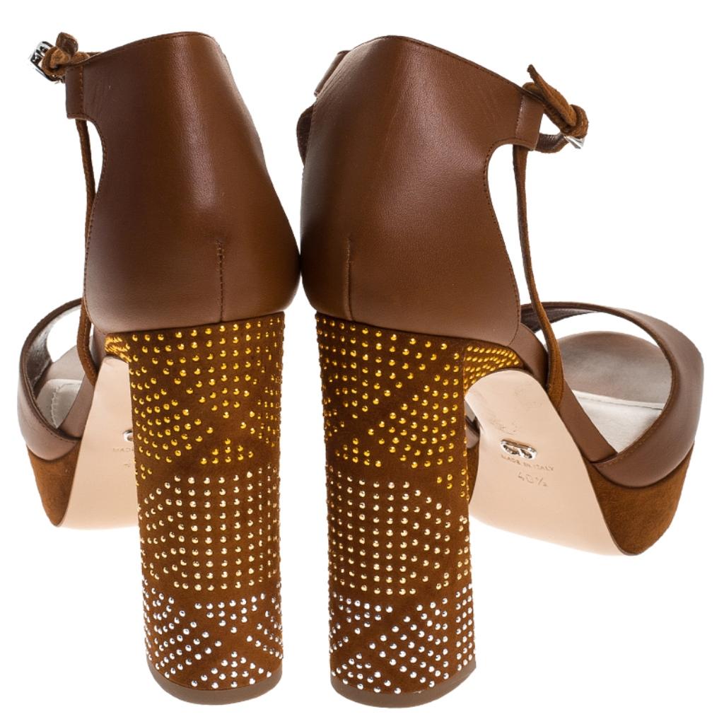 Dior Brown Leather/Suede Rainbow Stellar Block Heel Ankle Strap Sandals Size40.5 In New Condition In Dubai, Al Qouz 2