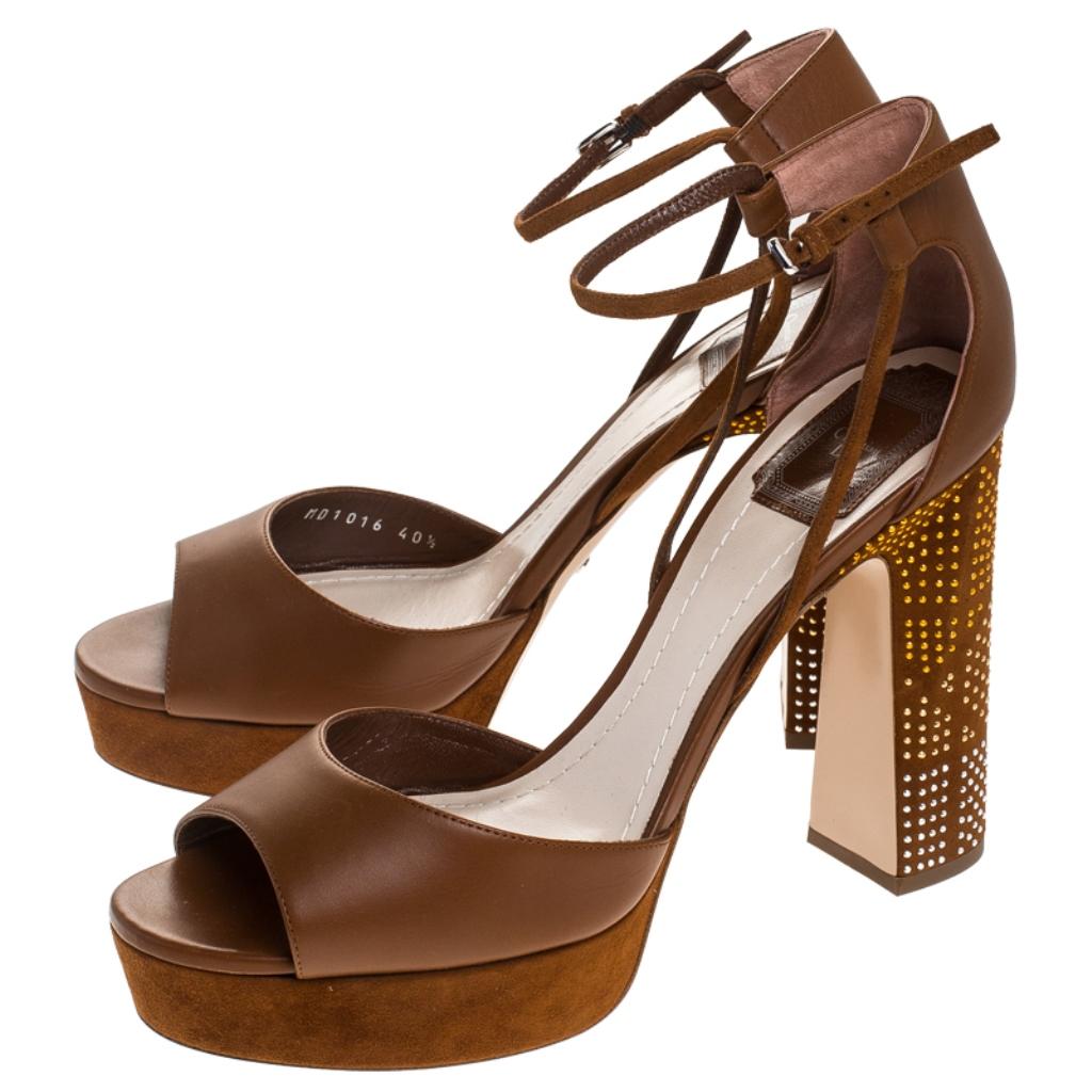 Dior Brown Leather/Suede Rainbow Stellar Block Heel Ankle Strap Sandals Size40.5 2