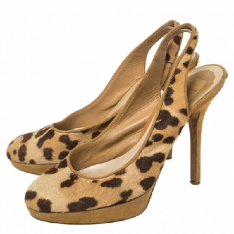 Dior Brown Leopard Print Calf Hair And Suede Slingback Platform Pumps Size 37 For Sale 1