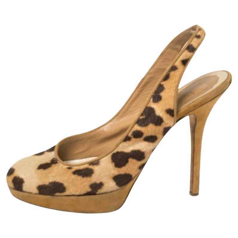 Dior Brown Leopard Print Calf Hair And Suede Slingback Platform Pumps Size 37 For Sale