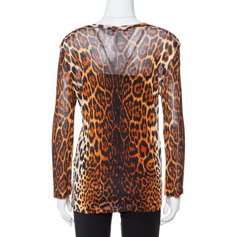 Dior Brown Leopard Print Knit Pleat Front Top L For Sale at 1stDibs
