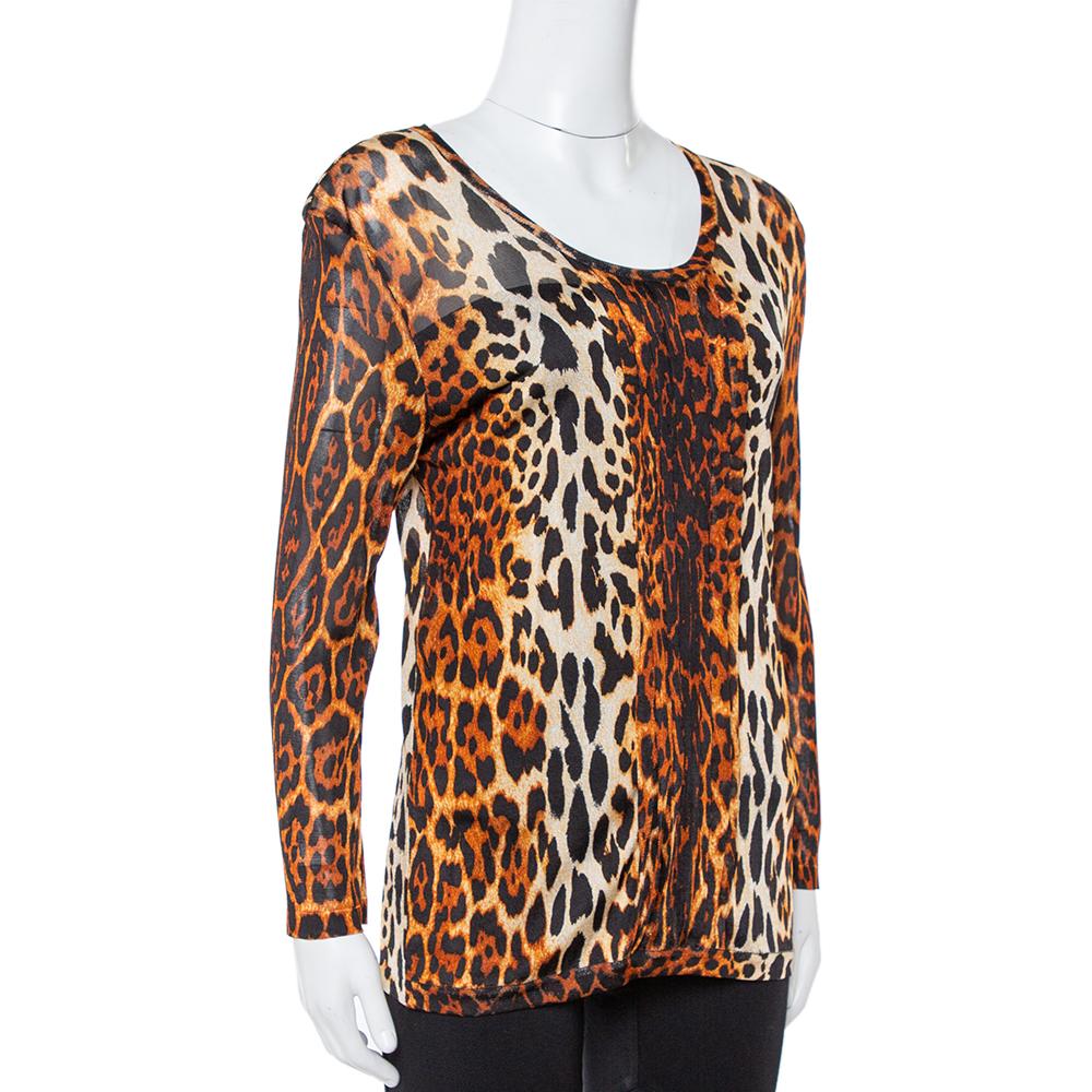Marron Dior Brown Leopard Print Knit Pleat Front Top L en vente