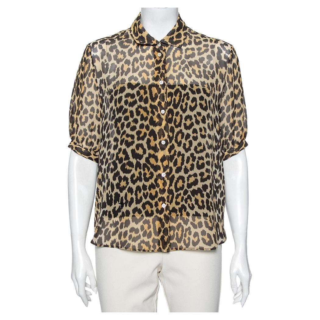 Dior Brown Leopard Printed Silk Puffed Short Sleeve Blouse L