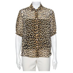 Dior Brown Leopard Printed Silk Puffed Short Sleeve Blouse L