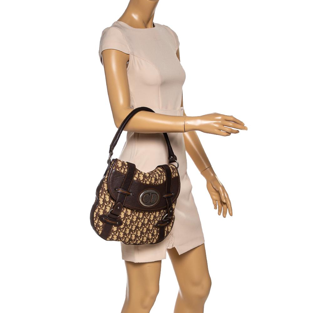 Dior Brown Oblique Canvas und Leder CD Logo Flap Hobo (Schwarz)