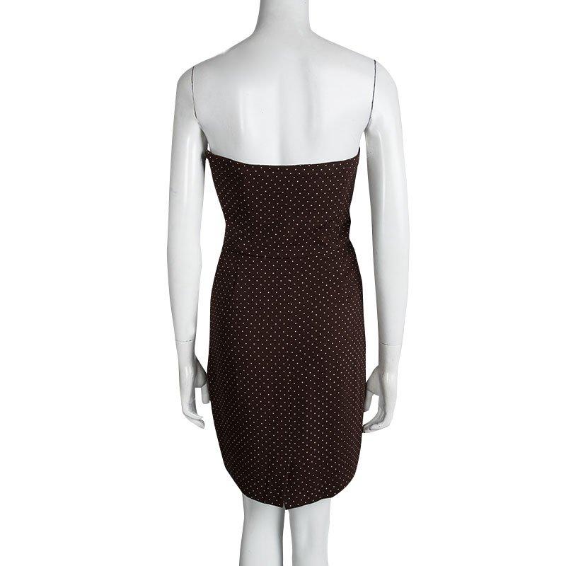 Black Dior Brown Polka Dot Print Silk Ruched Panel Detail Strapless Dress S