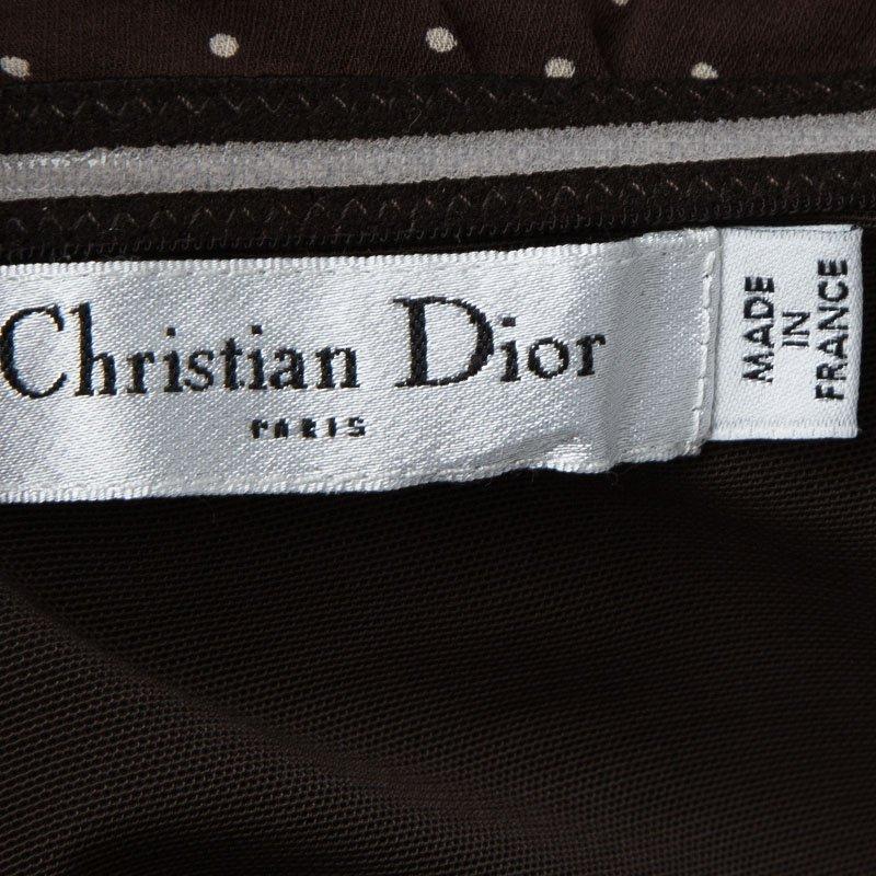 Women's Dior Brown Polka Dot Print Silk Ruched Panel Detail Strapless Dress S