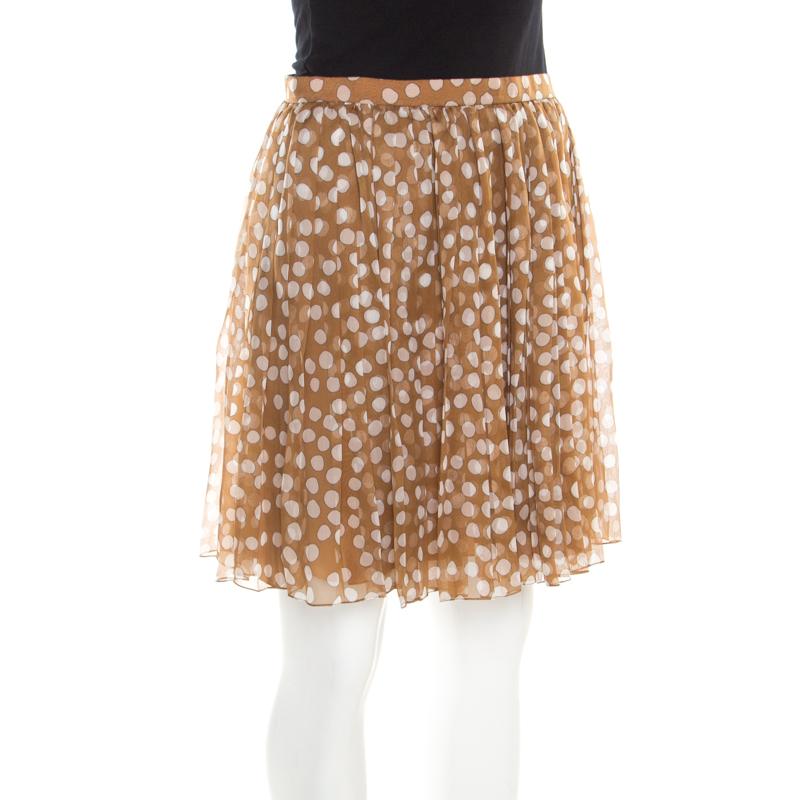 Dior Brown Polka Dotted Silk Chiffon Gathered Skirt M In Good Condition In Dubai, Al Qouz 2