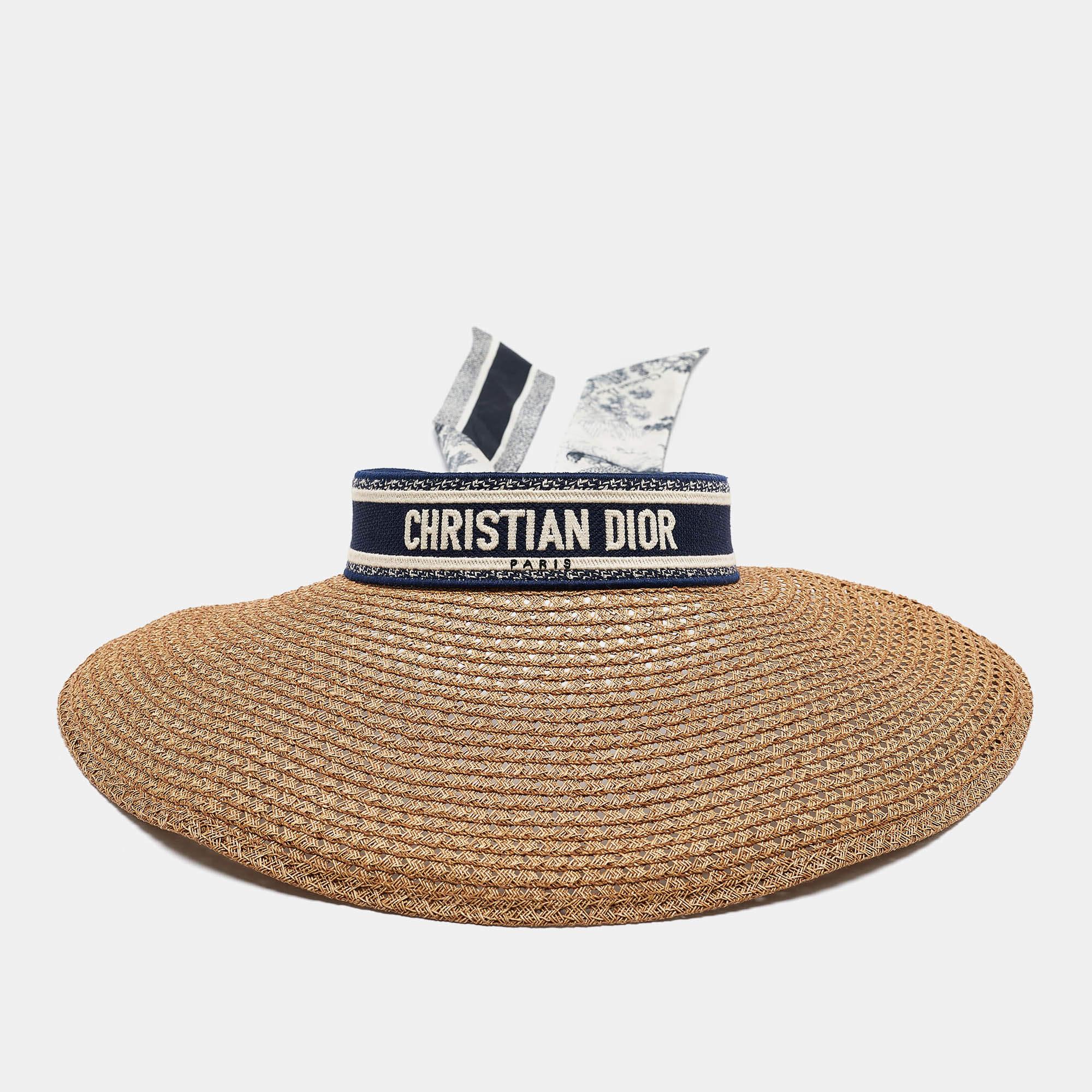 Dior Brown Straw Dioriviera D-Ocean Visor with Silk Mitzah In Good Condition In Dubai, Al Qouz 2