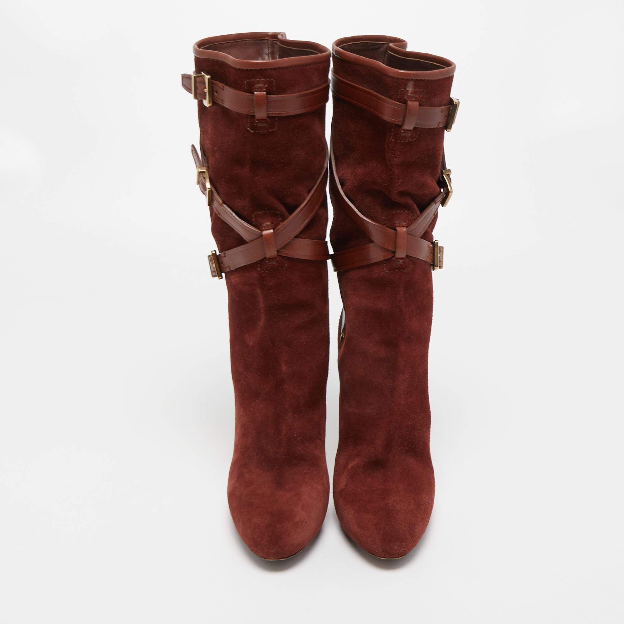 Dior Brown Suede and Leather Buckle Detail Mid Calf Boots Size 38 In Good Condition In Dubai, Al Qouz 2