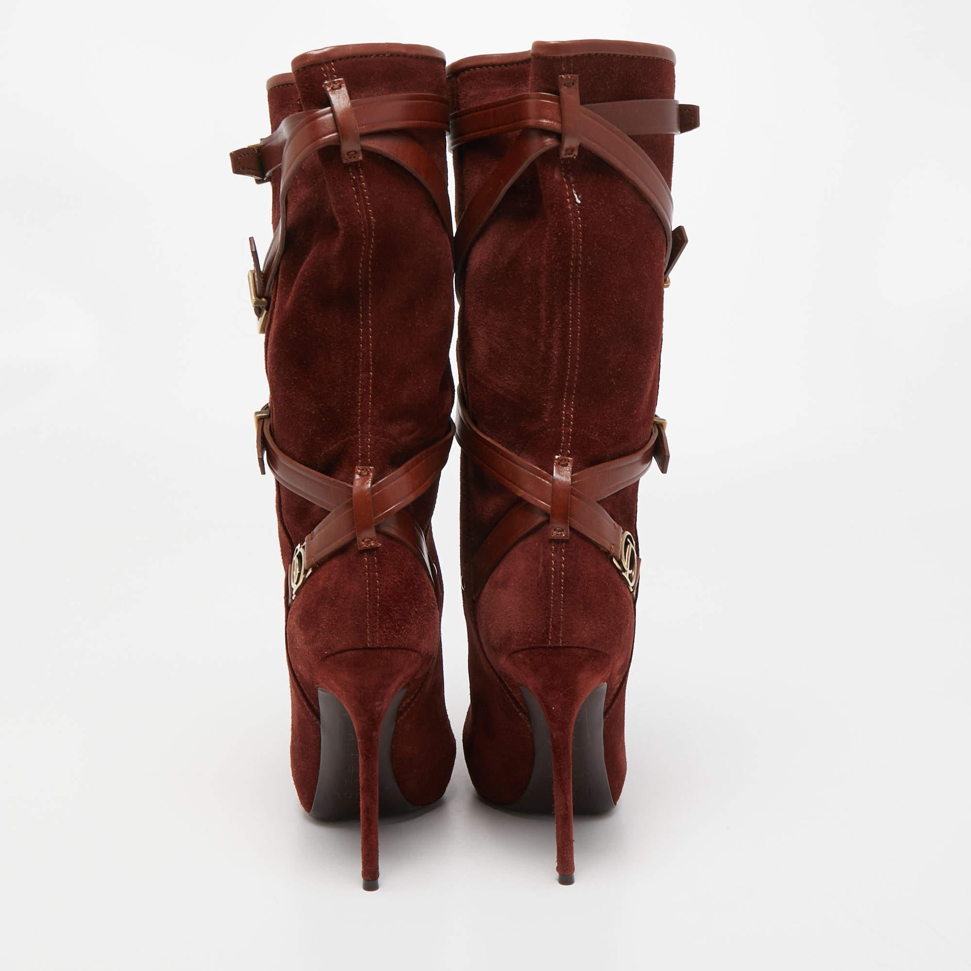 Dior Brown Suede and Leather Buckle Detail Mid Calf Boots Size 38 3