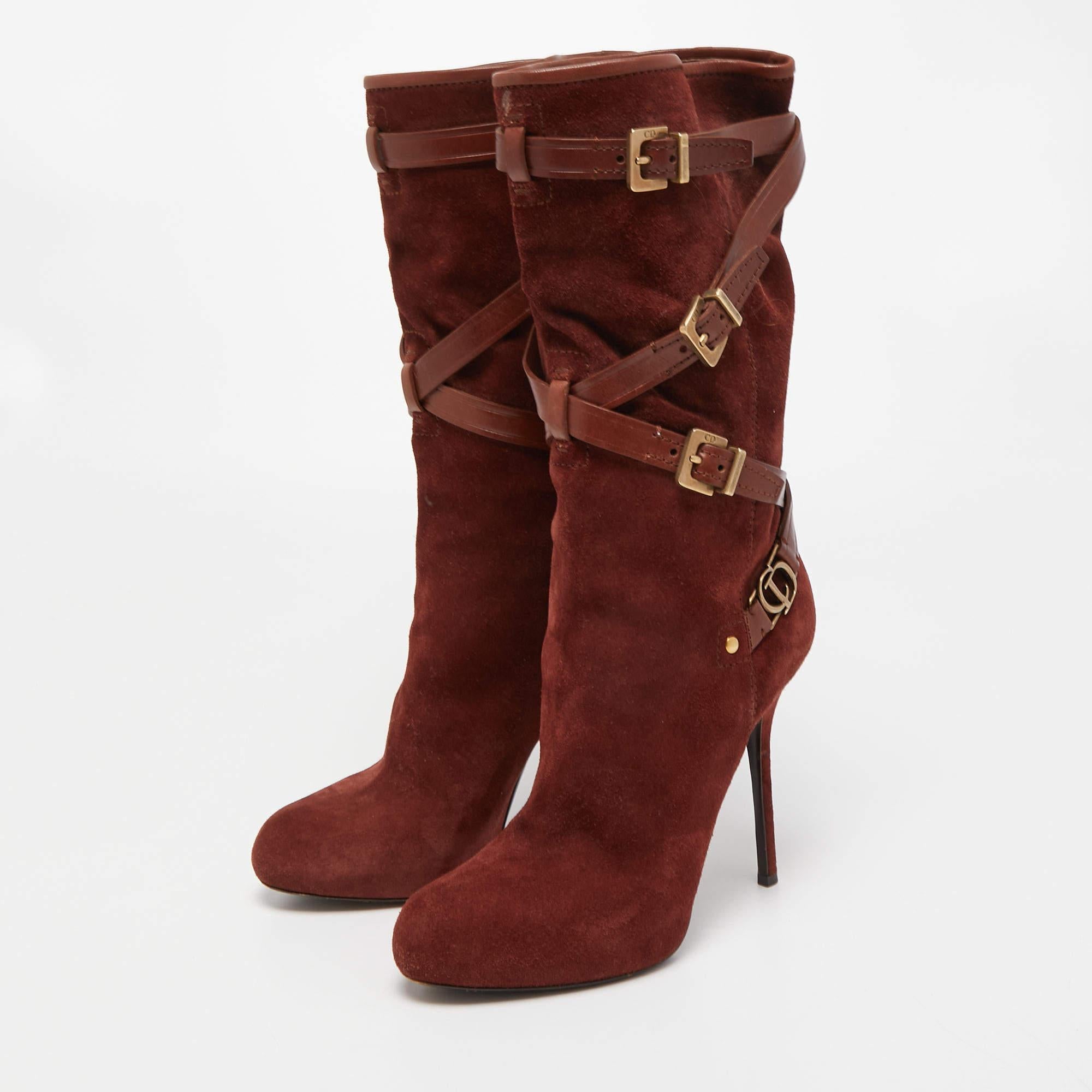 Dior Brown Suede and Leather Buckle Detail Mid Calf Boots Size 38 4