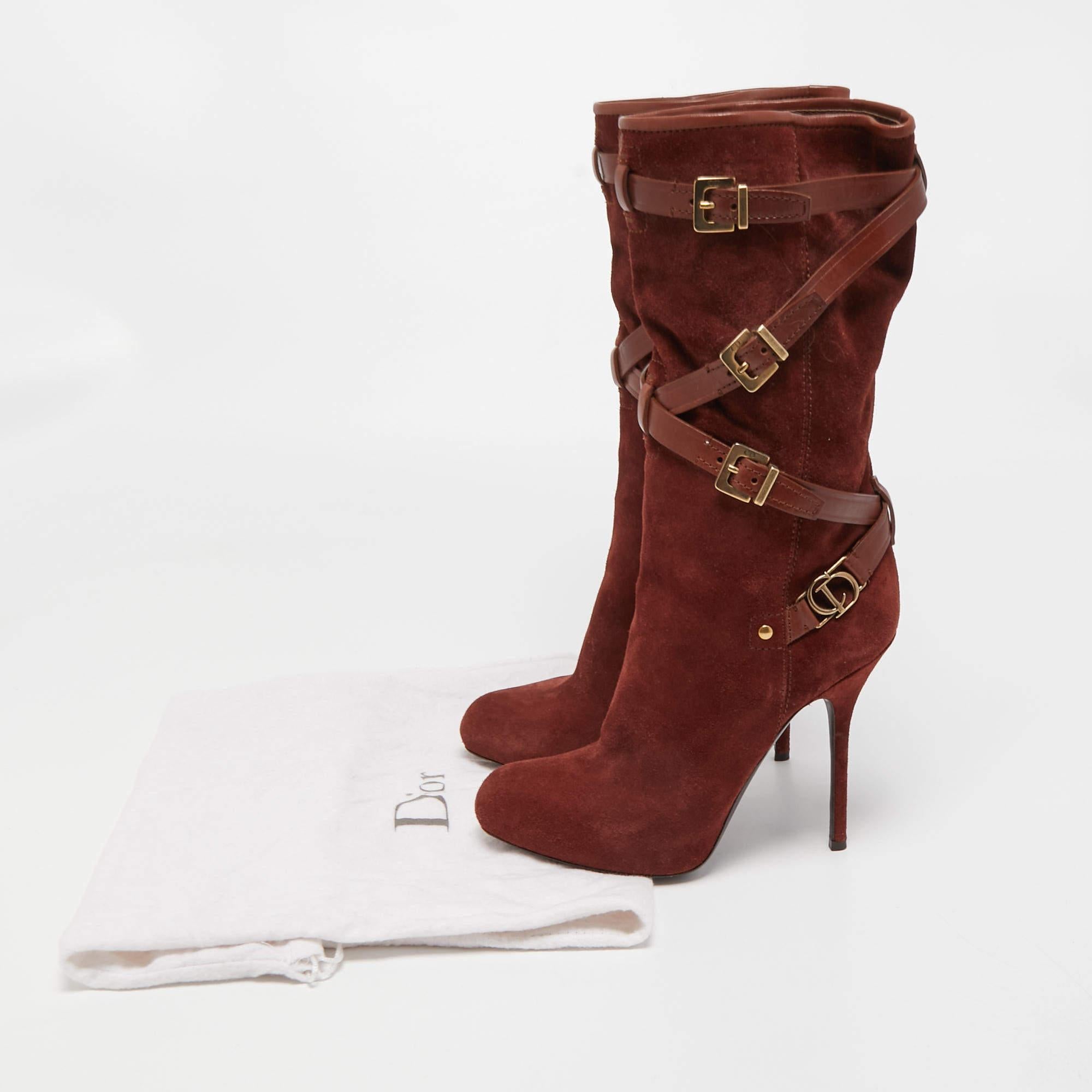 Dior Brown Suede and Leather Buckle Detail Mid Calf Boots Size 38 5