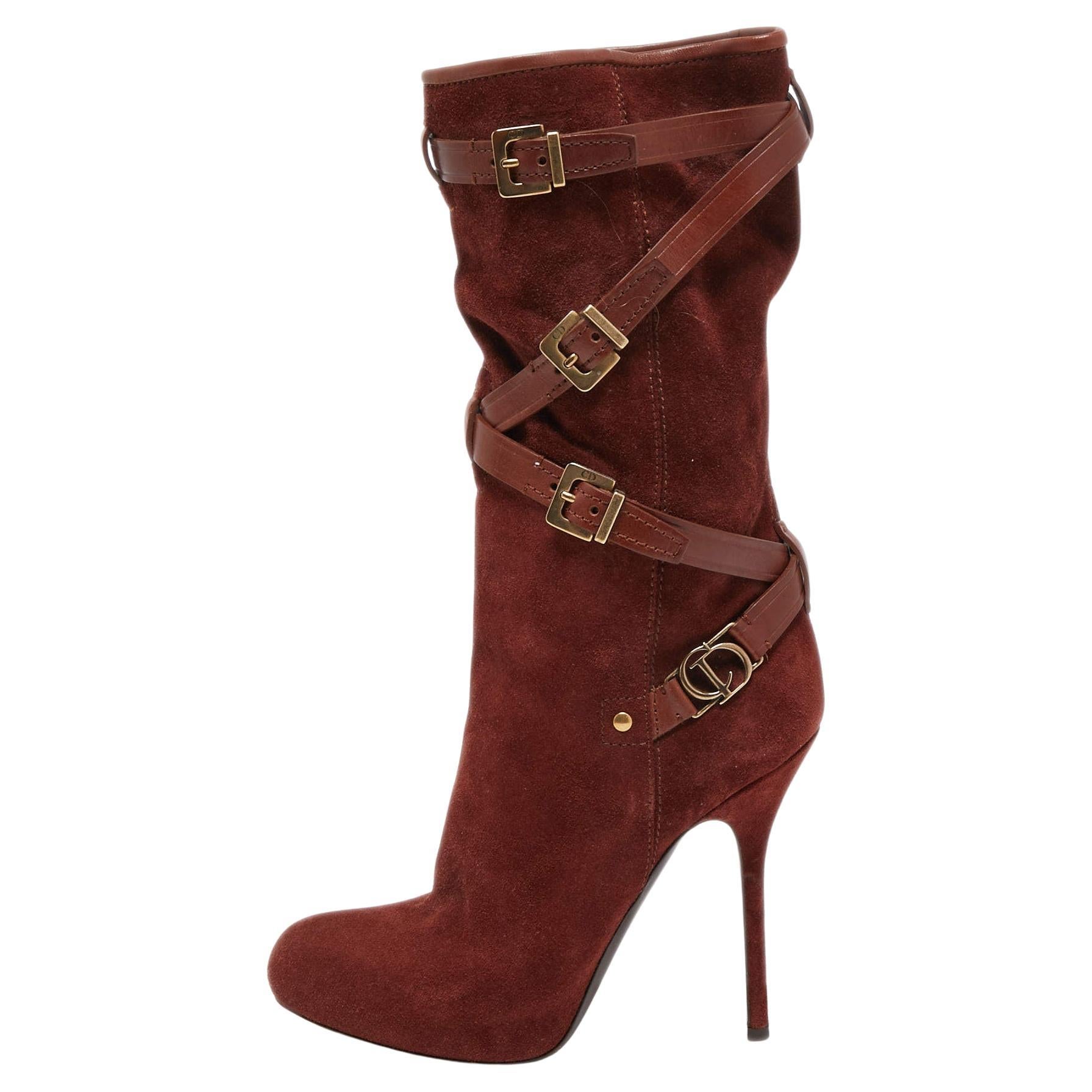 Dior Brown Suede and Leather Buckle Detail Mid Calf Boots Size 38