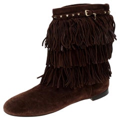 Dior Brown Suede Fringe Studded Trim Ankle Length Booties Size 37