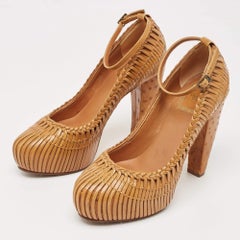 Dior Brown Woven Leather and Ostrich Basketweave Platform Ankle Strap Pumps Size