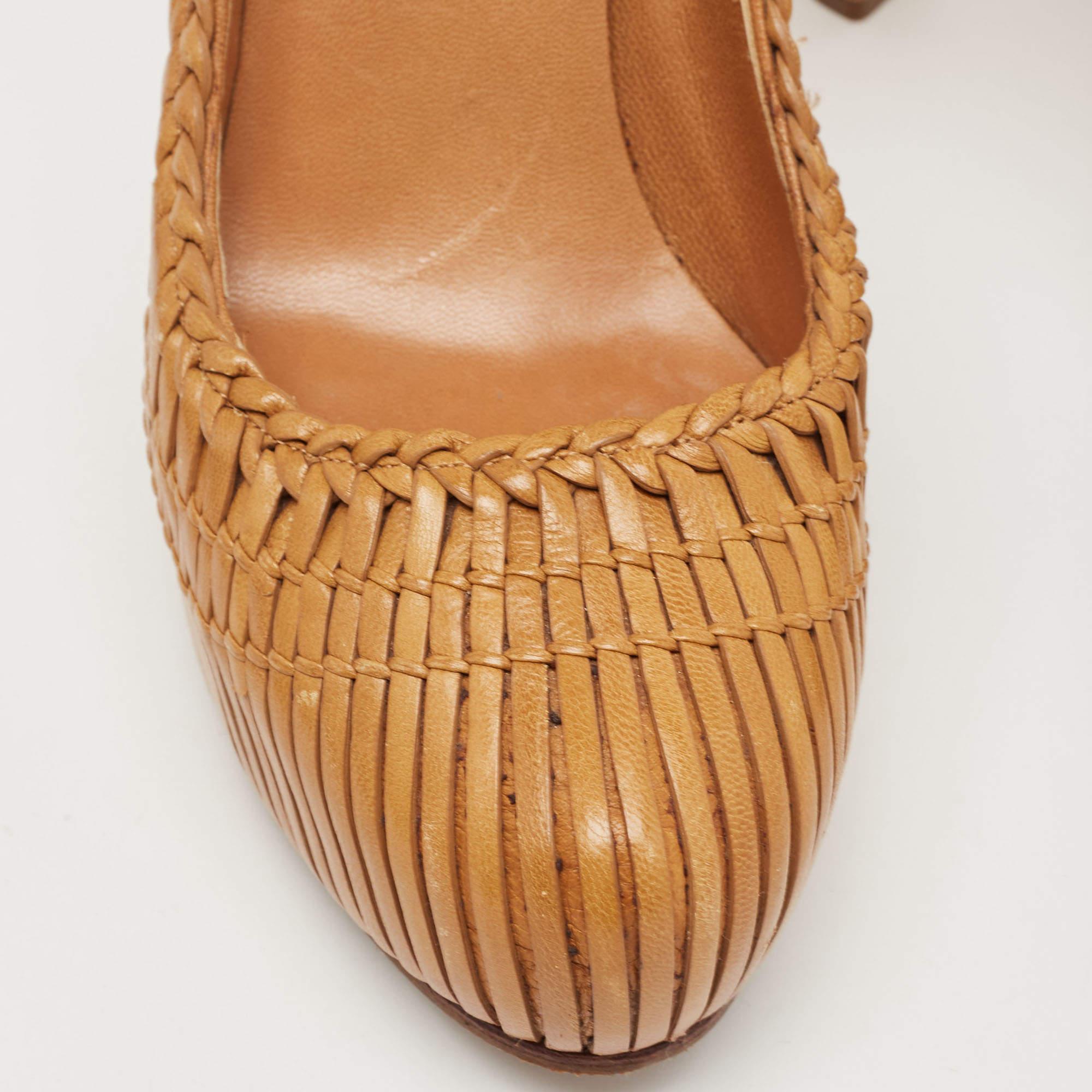 Dior Brown Woven Leather and Ostrich Basketweave Platform Ankle Strap Pumps Size For Sale 4