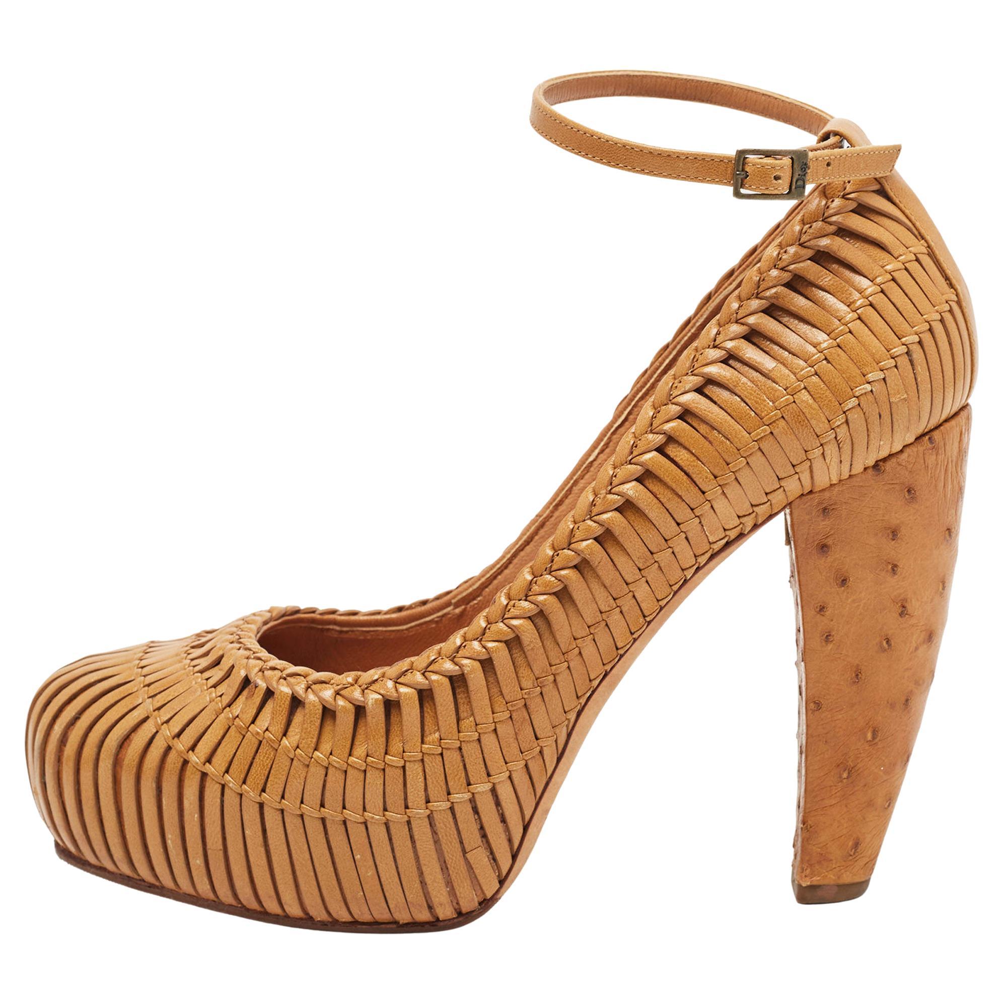 Dior Brown Woven Leather and Ostrich Basketweave Platform Ankle Strap Pumps Size For Sale