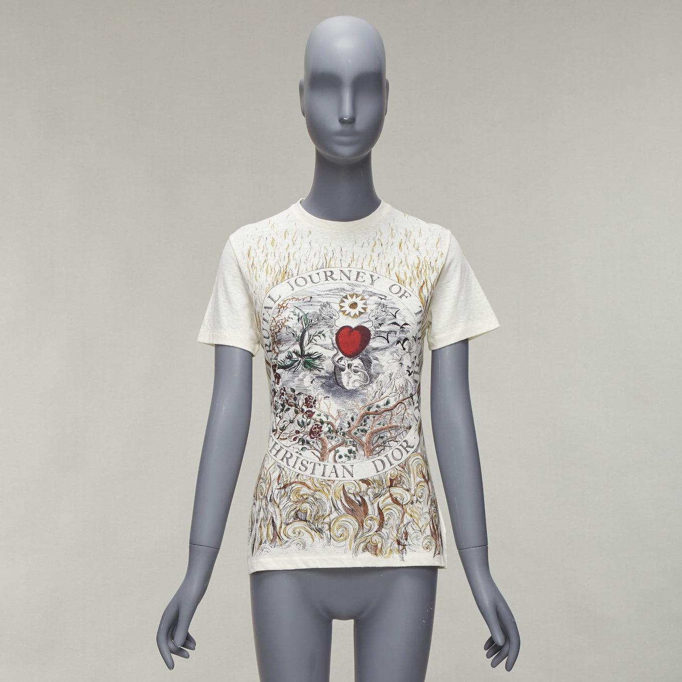 DIOR Brutal Journey OF The Heart graphic print ecru cotton linen tshirt XS For Sale 5