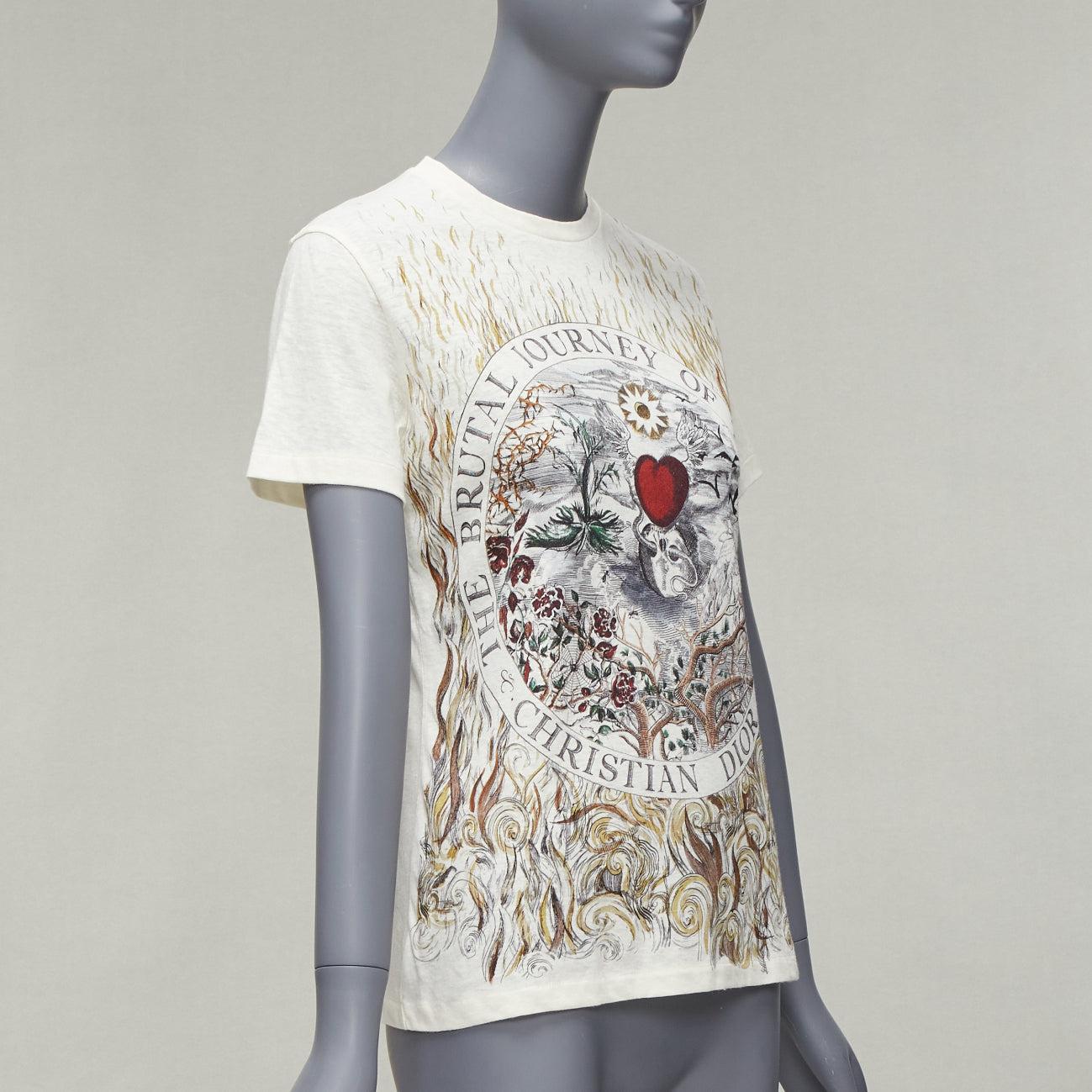 Gray DIOR Brutal Journey OF The Heart graphic print ecru cotton linen tshirt XS For Sale