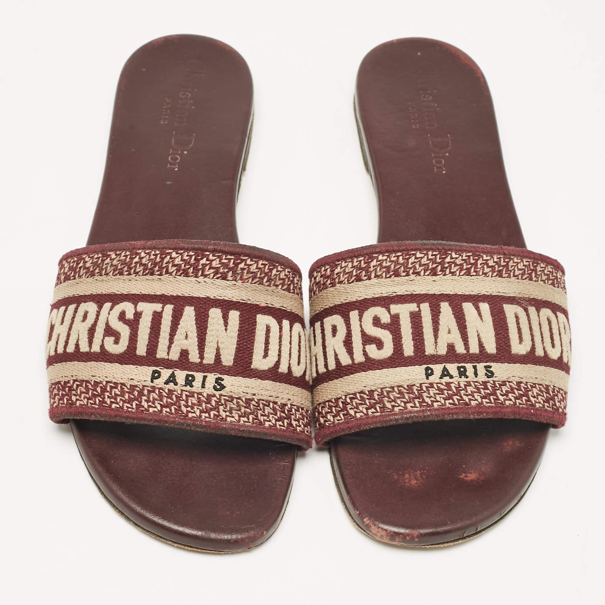 Gray Dior Burgundy/Beige Embroidered Canvas Dway Flat Slides Size 37