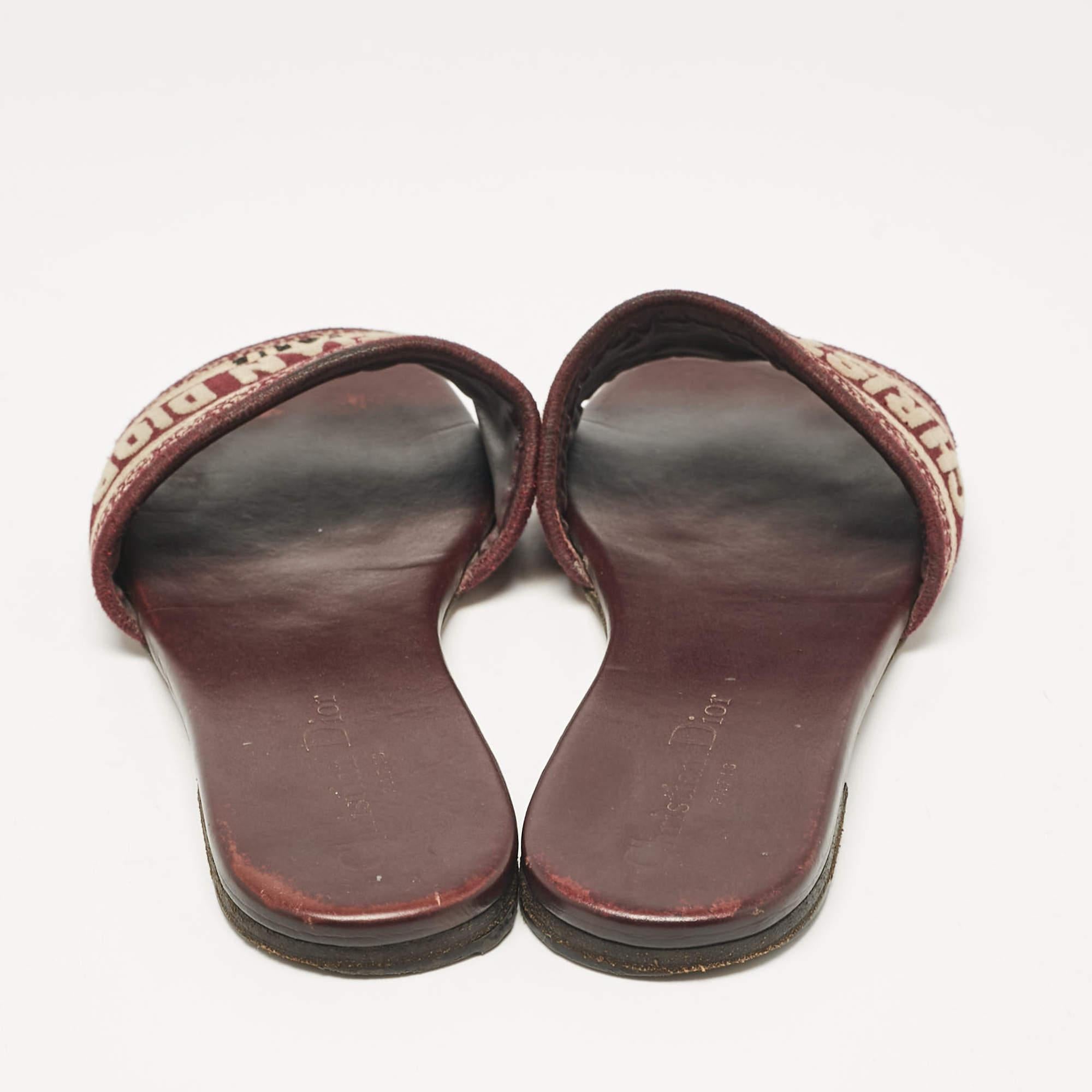 Women's Dior Burgundy/Beige Embroidered Canvas Dway Flat Slides Size 37