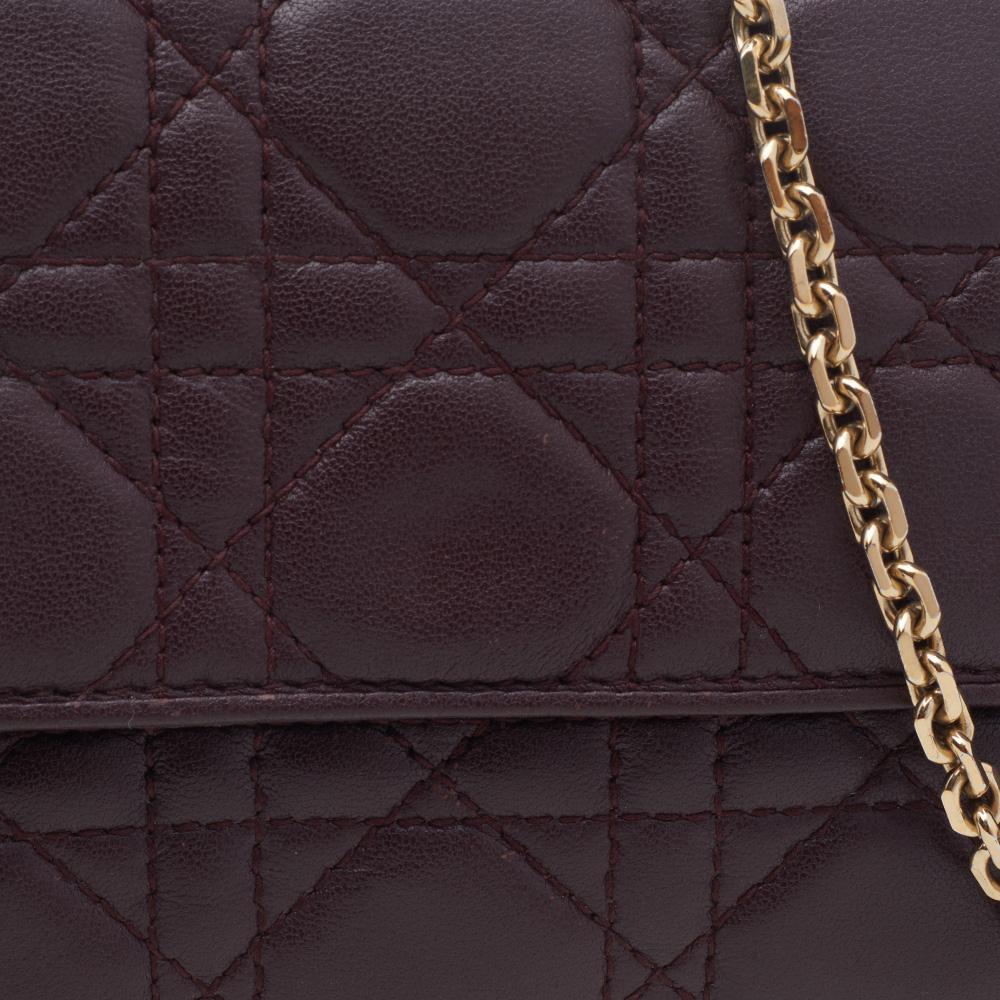 Black Dior Burgundy Cannage Leather Lady Dior Wallet On Chain