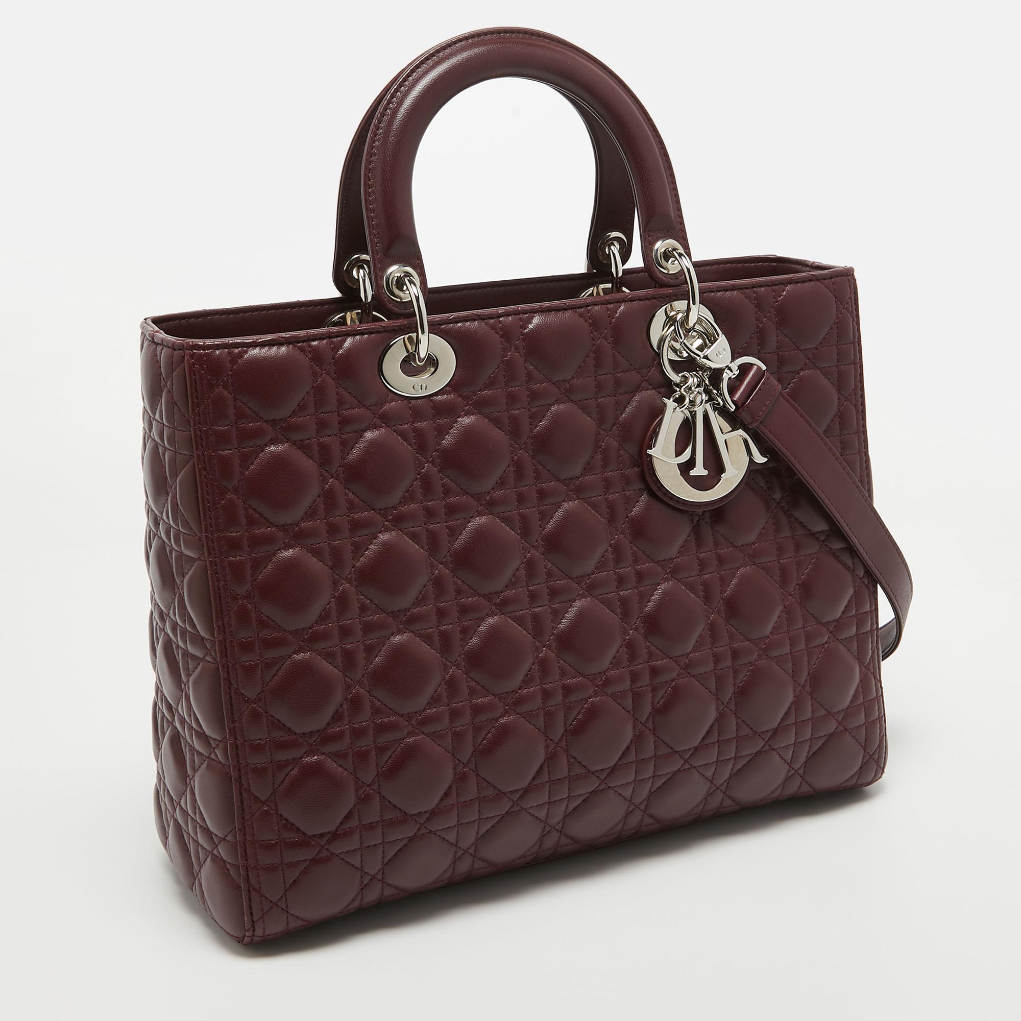 Dior Burgundy Cannage Leather Large Lady Dior Tote In Good Condition In Dubai, Al Qouz 2